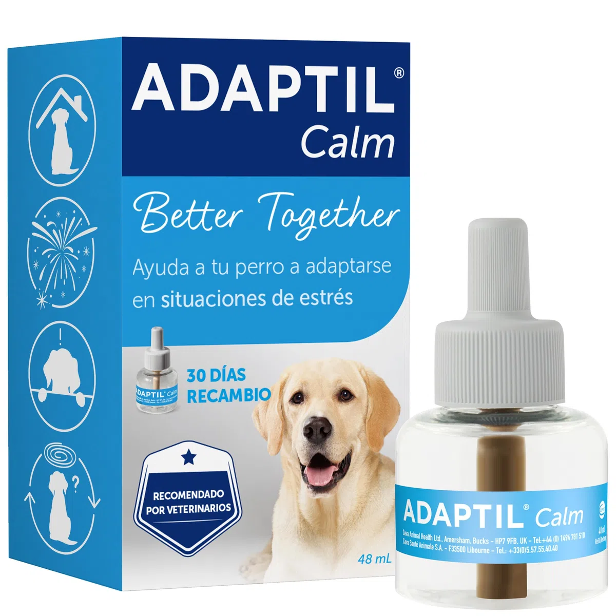 ADAPTIL Calm - Antiestrés para perros - Solo en casa, Miedos, Ruidos fuertes, Adopción - Recambio 48ml
