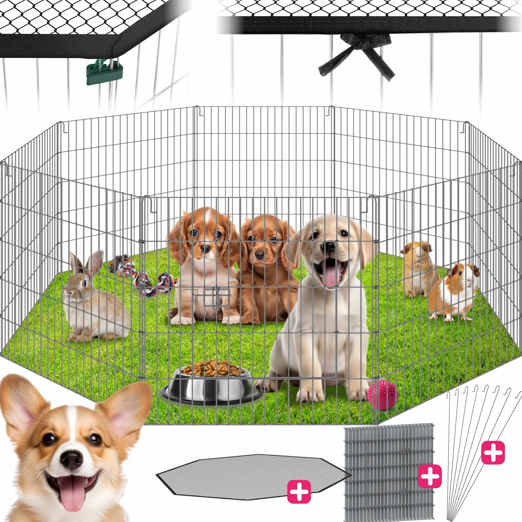 Parque para Perros con 8 Piezas de Rejilla, Puerta de Seguridad Doble Cierre, Vallas para Perros, Red de Seguridad incluida, Cercado Ampliable - 145 x 145 x 73 cm