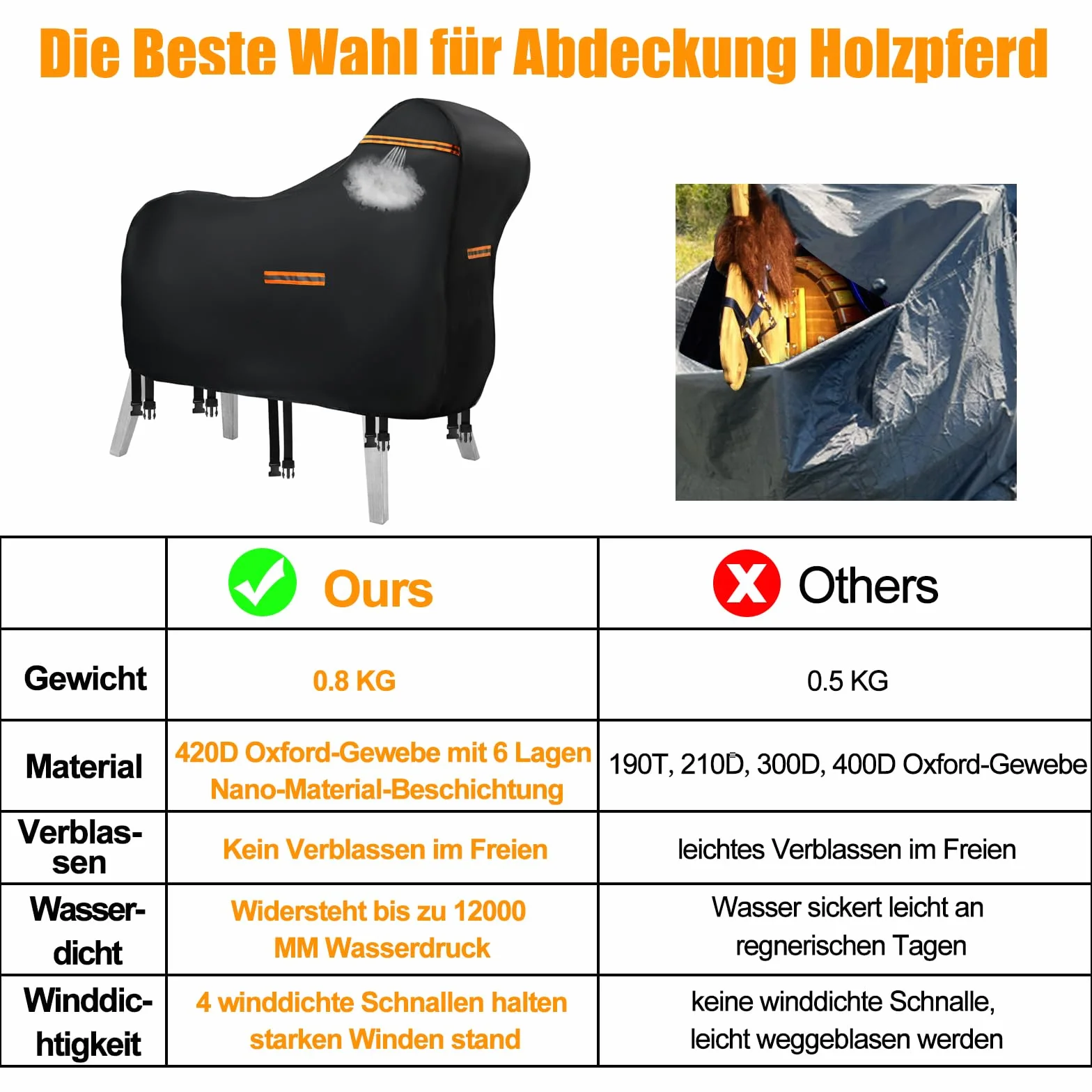 Cubierta para caballo de madera impermeable al aire libre, 420D Oxford caballo de madera para exteriores, lona protectora resistente a los rayos UV, universal, lona de jardín con rayas impermeables y