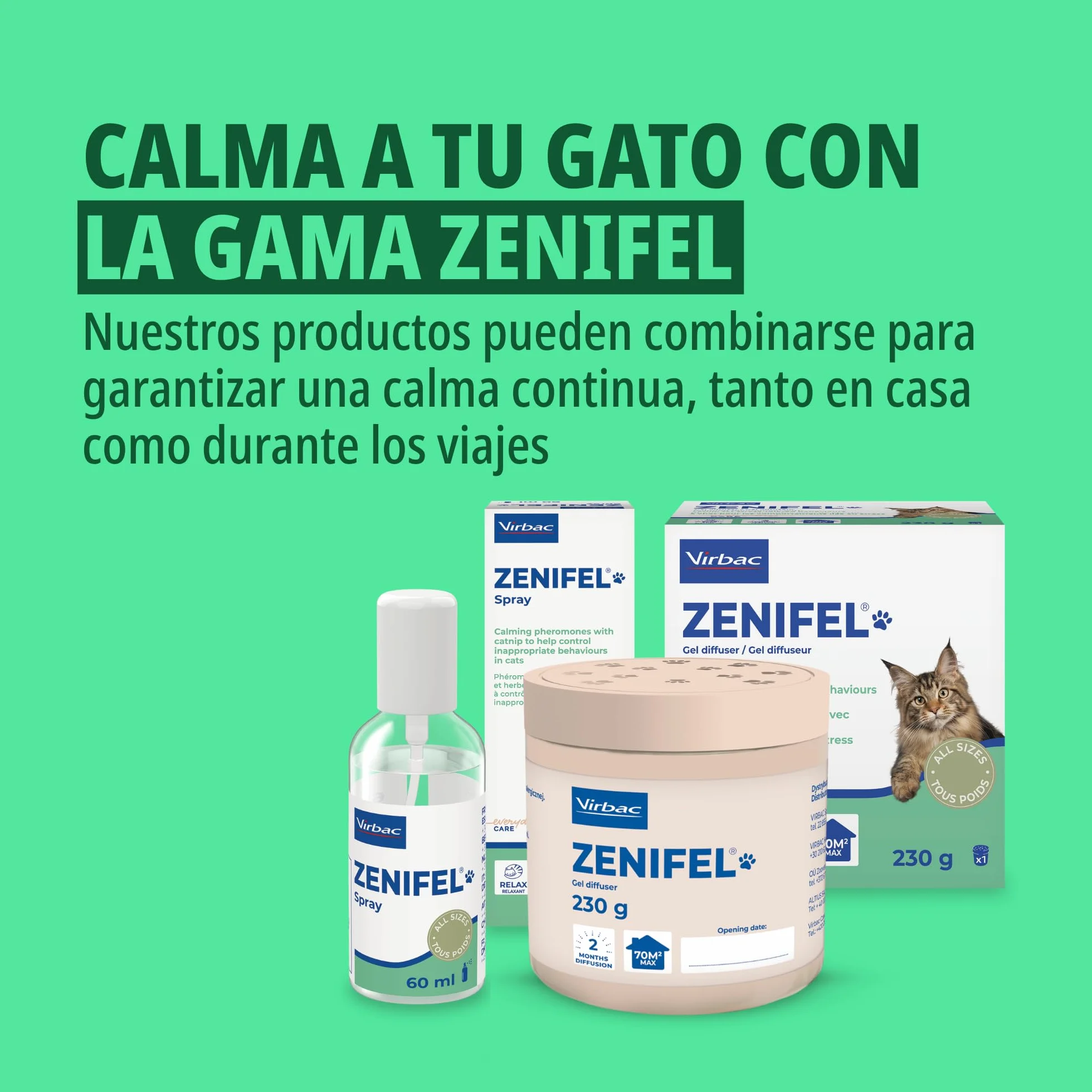 Virbac Zenifel Spray feromonas para Gatos - Antiestrés con feromonas y Catnip - Spray Relajante de acción rápida - 60ml