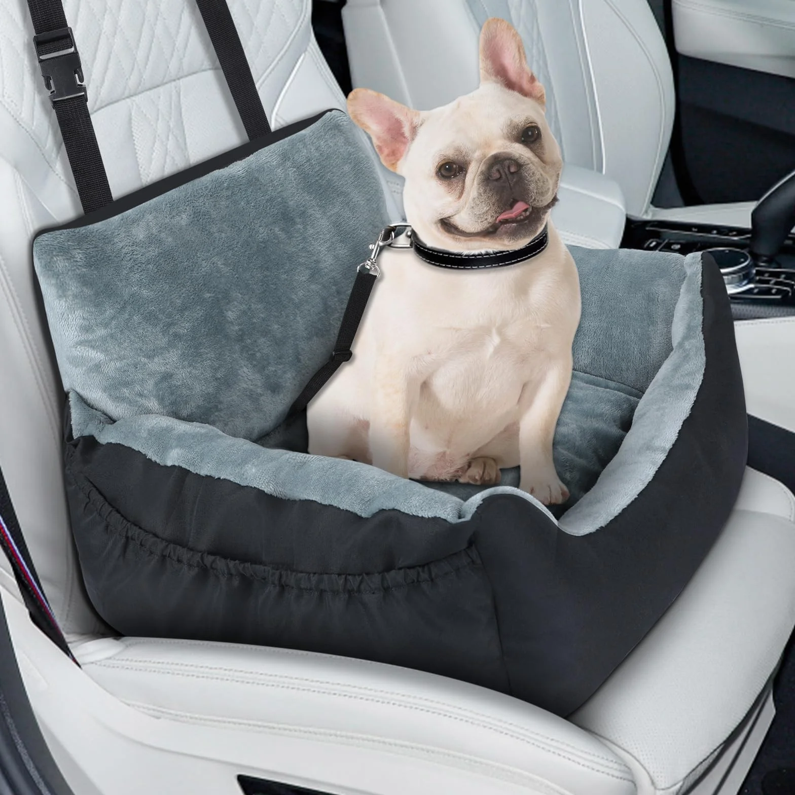 Lannvan Asiento Perro Coche Pequeño, Cama Perro Coche Suave y Mullida, Asiento Coche Perro Extra Estable con Cojín Desmontable y Lavable, Correa de Seguridad y Bolsillos Laterales para Guardar Cosas
