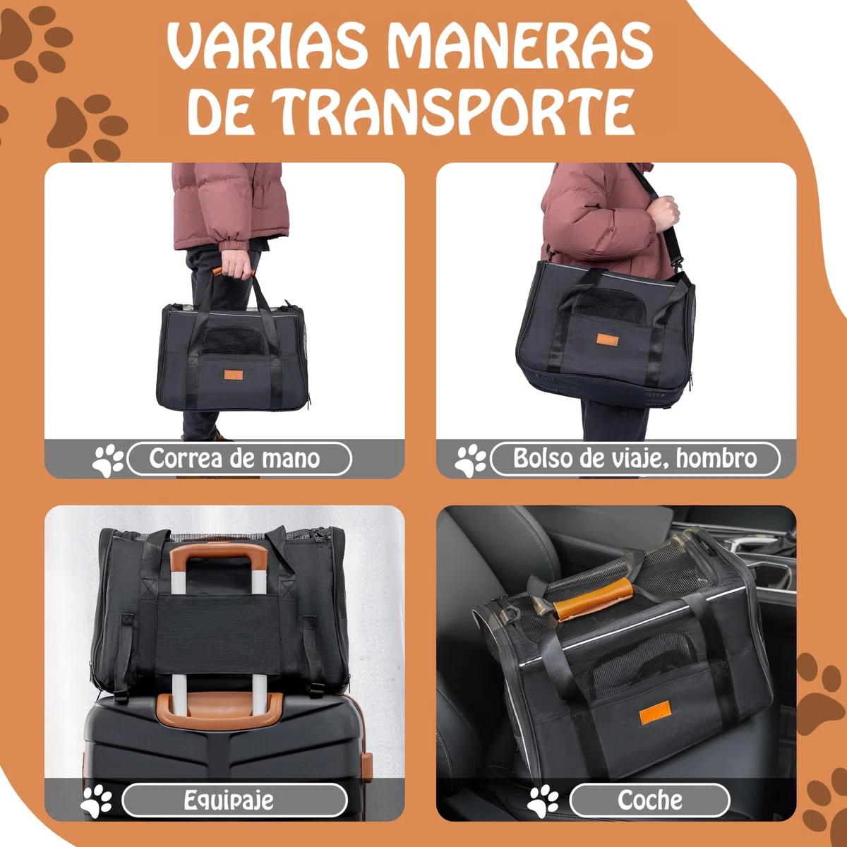 Transportin Perros y Gatos. Bolsa de Transporte Viaje Transpirable Mascotas. Bolso con colchón. Tres Puertas. Medidas 12x44x24cm. Aprobado por Las aerolíneas. Paseos, avión, Coche, Tren, Ciudad.