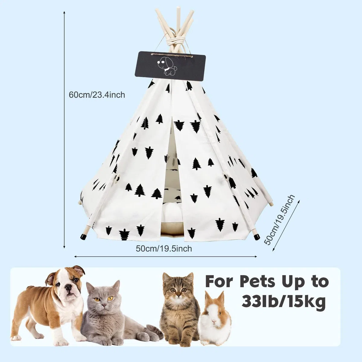 Tienda Tipi para Mascotas, Tipi para Mascotas con Almohada Desmontable y Lavable Plegablee, Caseta para Perros Caseta para Perros con Pizarra, 50X50X60CM