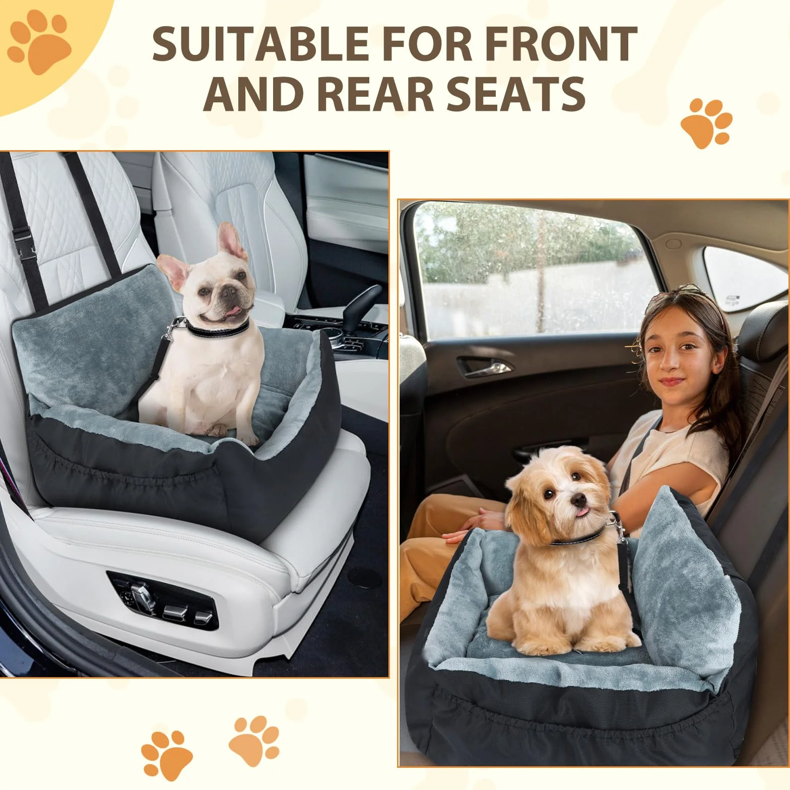 Lannvan Asiento Perro Coche Pequeño, Cama Perro Coche Suave y Mullida, Asiento Coche Perro Extra Estable con Cojín Desmontable y Lavable, Correa de Seguridad y Bolsillos Laterales para Guardar Cosas