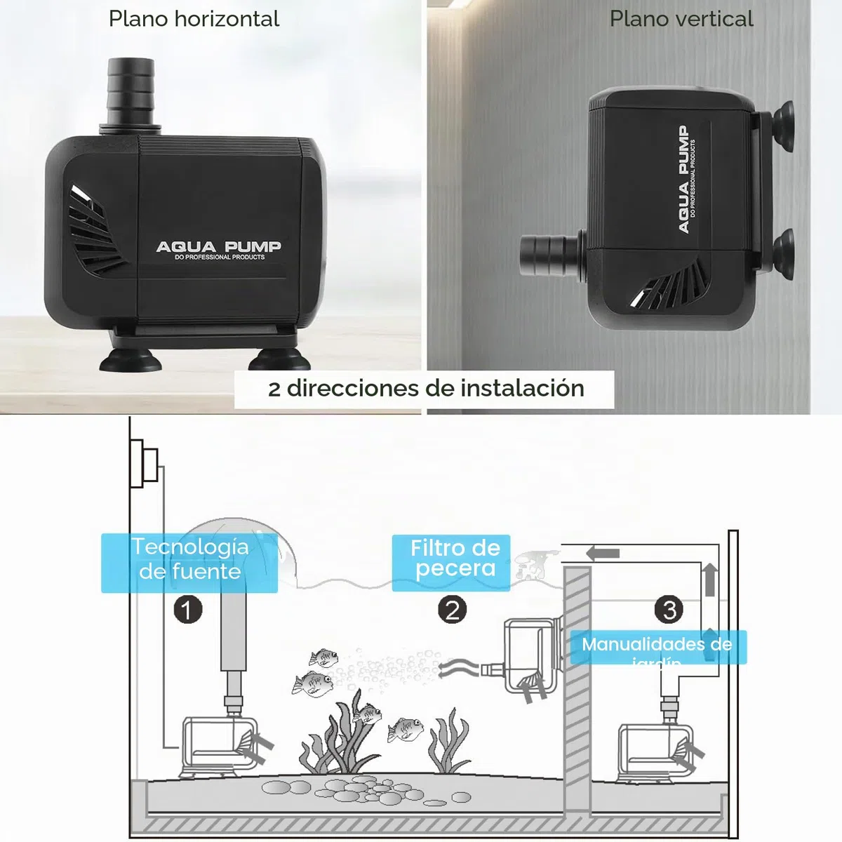 Bomba de agua para acuario, bomba sumergible de 1500 l/h, para estanque, pozo, ultra silenciosa con filtro y 2 boquillas de 13 mm/16 mm, altura máxima de extracción de 1,6 m(15 W)