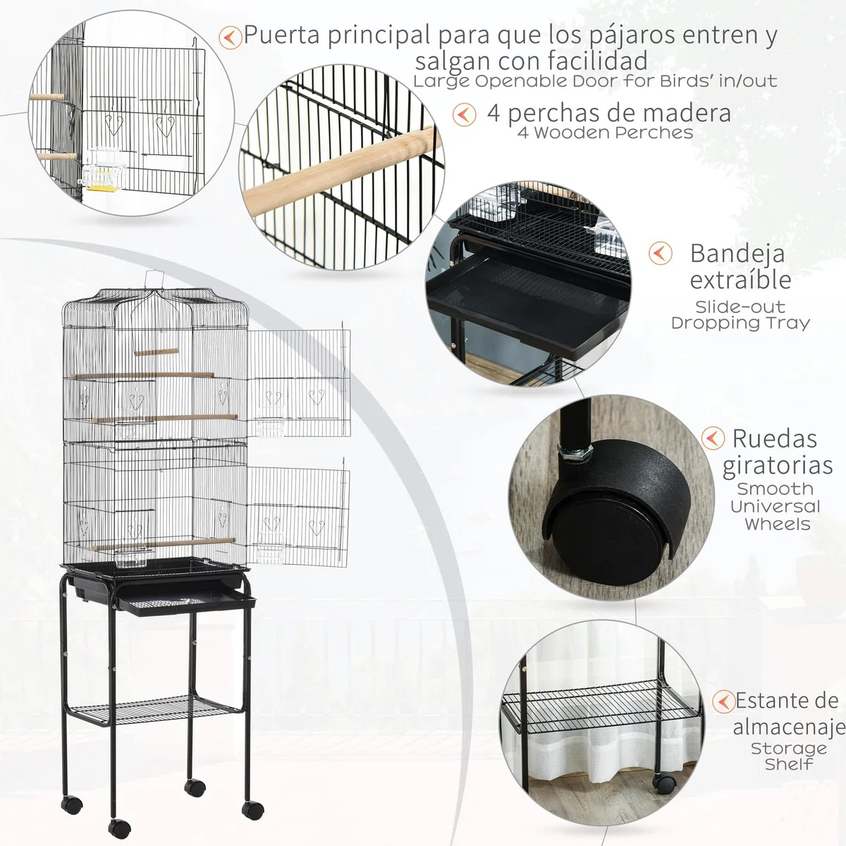 PawHut Jaula para Pájaros, Jaula Grande con Ruedas, Estante de Almacenaje, Puertas, 4 Comederos, 3 Perchas, Columpio, Bandeja Extraíble y Asa, para Loro, Canario, Periquito, 46,5x36x157 cm, Negro