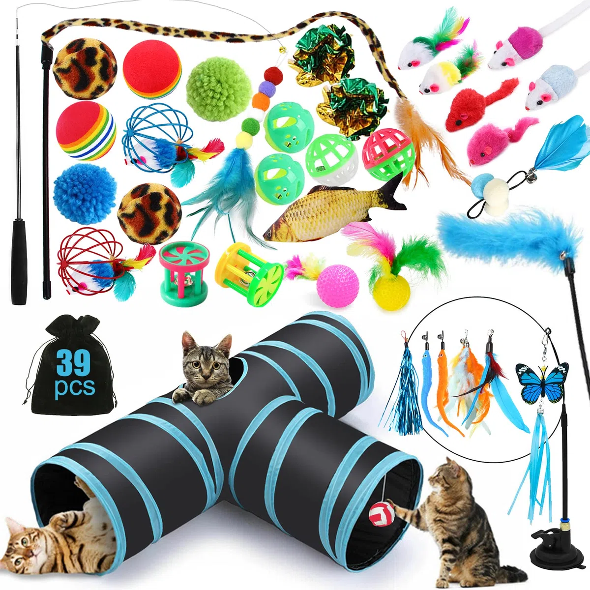 Juguetes Interactivos para Gatos - Set de 39 Piezas Con Túnel, Ratones, Varita de Plumas, Peces, Bolas y Campanas - Tubo de 3 Vías
