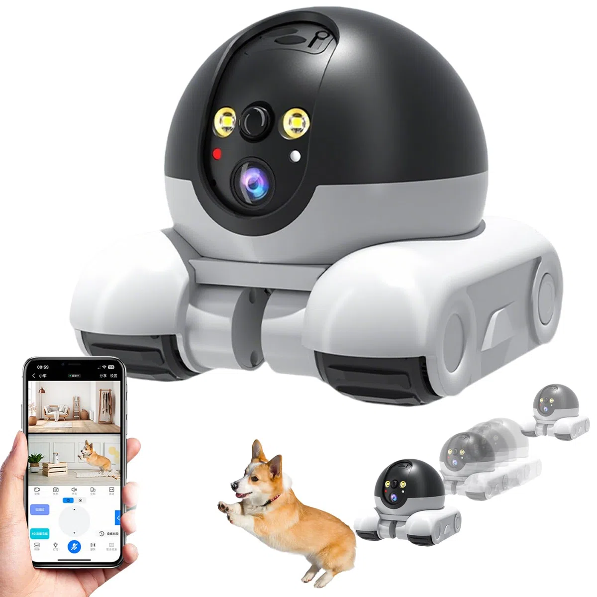 blinky robot,pet camera,robot camera on wheels,Rolling Robot Camera with Talk,Blinkybot Camera,360° Cameras On Wheels 1080p Dual Lens with App Control,2-Way Talk,Night Vision,For Pets,Elderly,Home-A