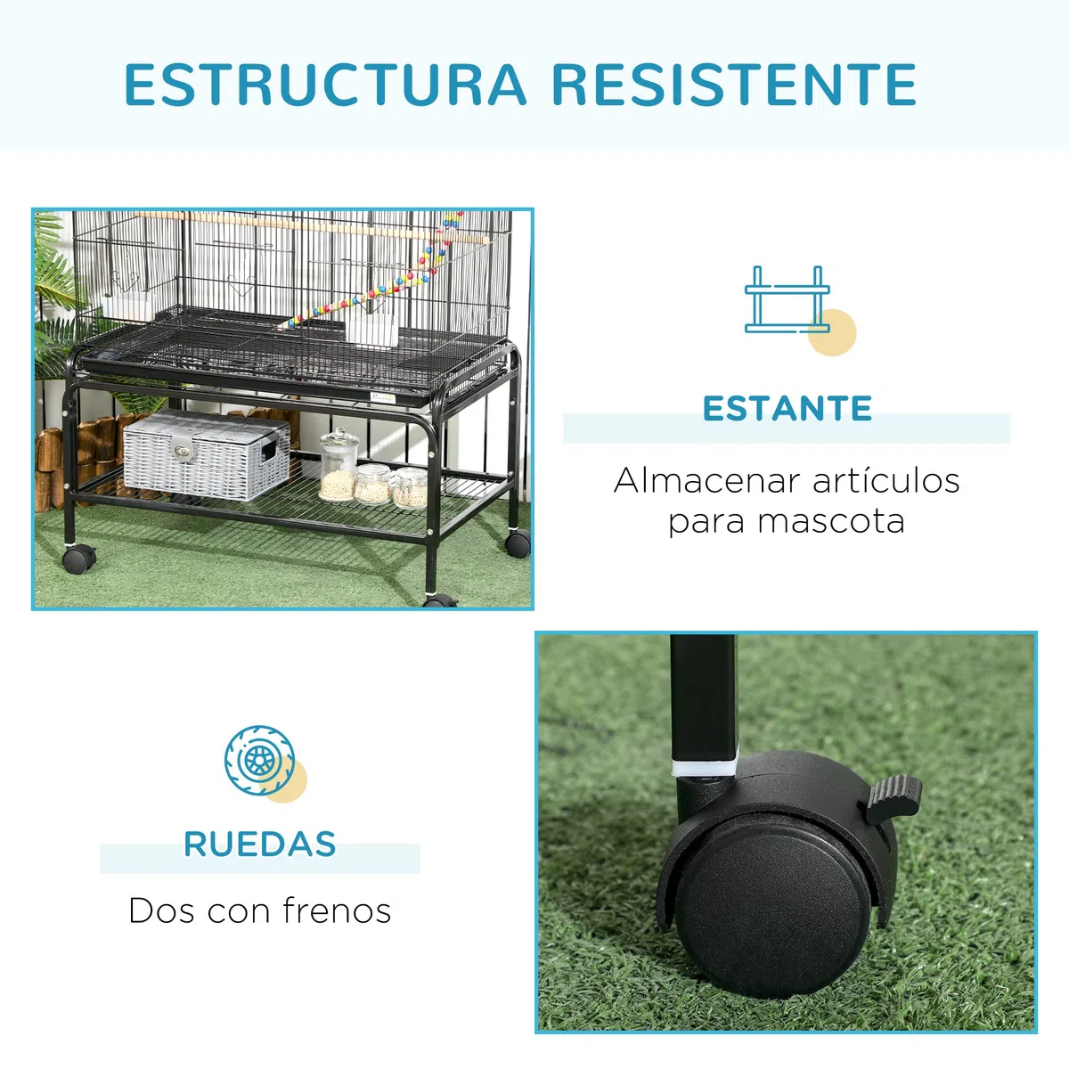 PawHut Jaula para Pájaros con Ruedas Jaula Grande con Soporte Pajarera con Bandeja Extraíble Puertas Comederos Perchas Juguetes y Estante Inferior para Canarios Periquitos 79x49x133 cm Negro