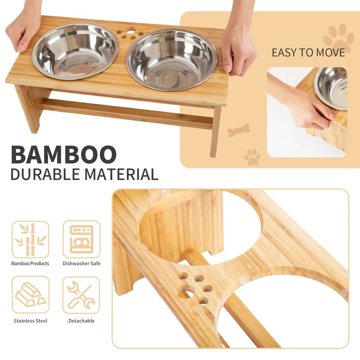 Cajones para Perros levantados para Gatos y Perros - Cajones de Comida y Agua para Gatos con elevaciones de bambú Soportes para alimentadores con 2 tazones de Acero Inoxidable (S)