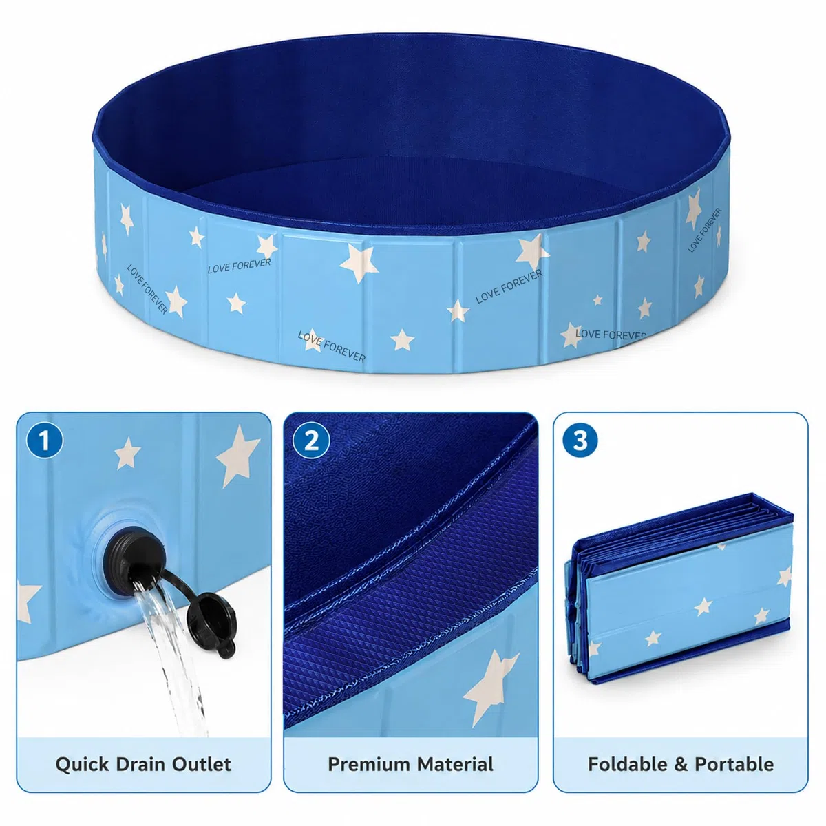 ZoneYan Piscina Plegable para Perros 80 * 30 cm, Bañera para Perros de PVC con Doble Desagüe, Ducha Plegable para Mascotas de PVC, Piscina de Bañopara Perros Pequeños y Medianos (Azul)