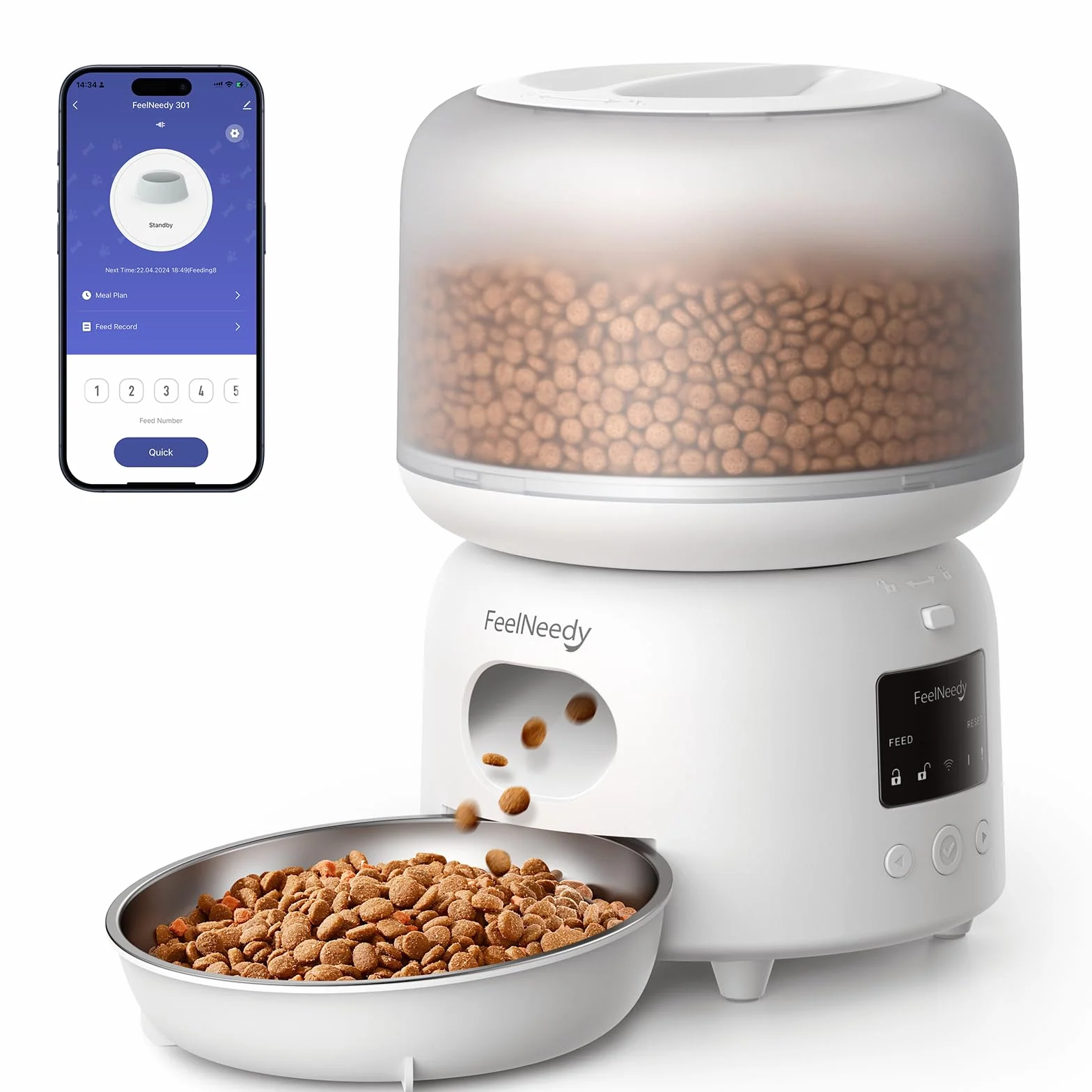 FEELNEEDY Comedero Gato Automático 2.4G Wi-Fi, Dispensador Comida Gatos con Control de App, hasta 10 Comidas/36 Porciones al Día, Tazón para Gatos de Acero Inoxidable, 3L