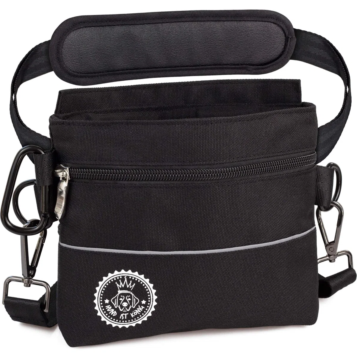 HUND IST KÖNIG Bolsa de premios para perros con bolsillo magnético para una mano, 2 bolsillos con cremallera, bolsillo interior extraíble, correas acolchadas para el hombro, mosquetón gratuito.
