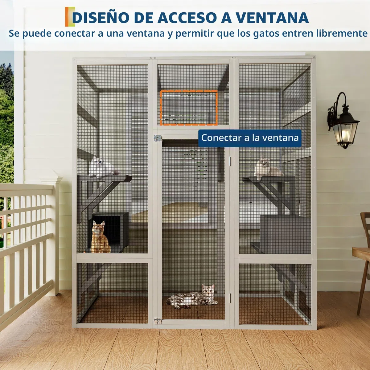 Catio Outdoor - Recinto para gatos grande con techo impermeable, 5 plataformas y 2 cajas de descanso, jaula para gatos al aire libre, ofrece espacio para hasta 6 gatos, casas pequeñas para jardín