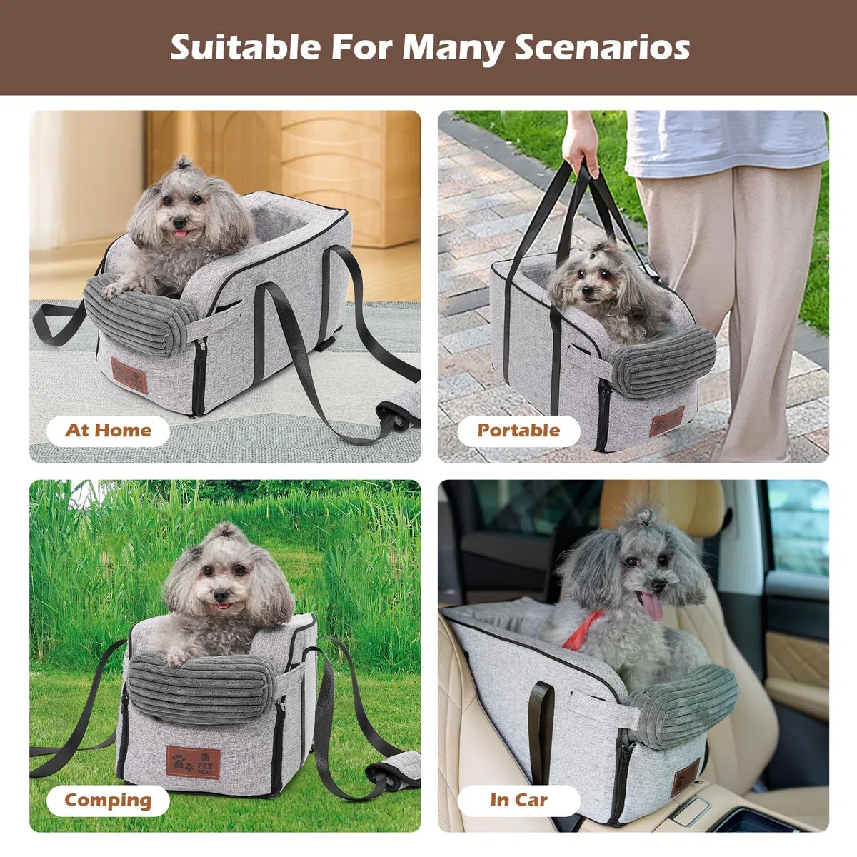 Consola Centro y Asiento para Coch, Cesta Portátil con Cinturón Seguridad y Almohada Lavables – Silla Cómoda para Mascota Pequeña