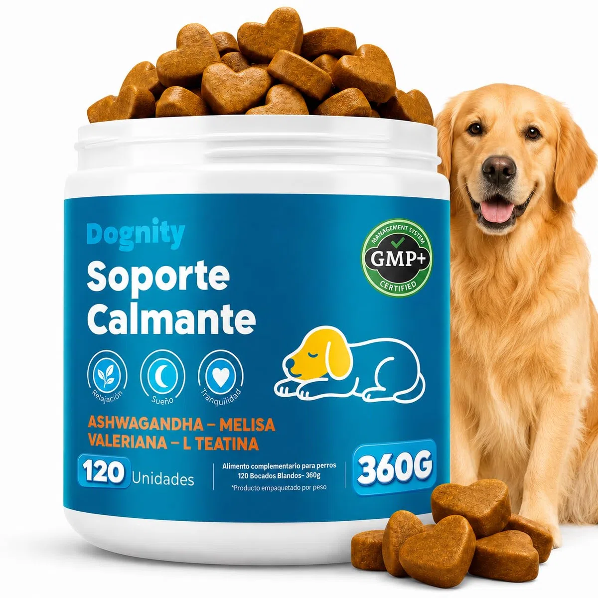 Calmante Perros Bocados Ansiedad Separación Estrés Petardos Triptófano GMP+ | Suplemento Natural con Valeriana Ashwagandha Magnesio Melisa L-Triptófano 5 Activos Naturales para Calma Emocional Blandos
