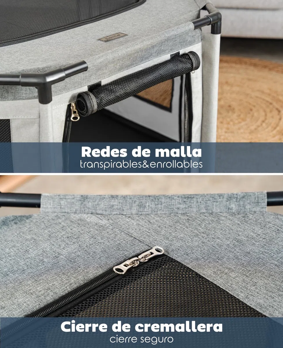 lionto Parque para Perros en Tela Oxford, Malla Transpirable, con Cremallera y Bolsillo Lateral, Estructura de Tubos PVC, Jaula Octogonal para Perros y Gatos, 72x72x43 cm, Gris