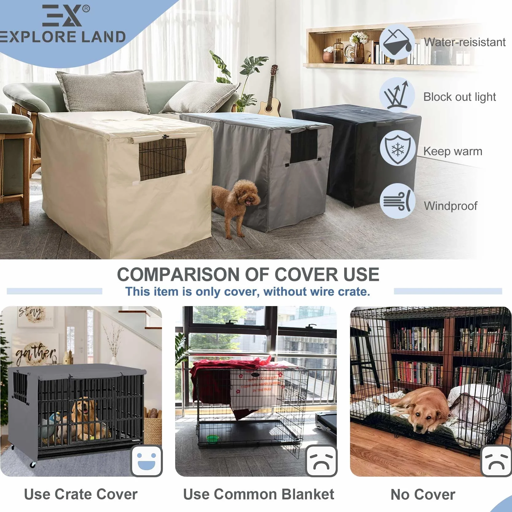 Explore Land Funda Duradera para Jaula de Perro, Funda de poliéster para Perrera, Ajuste Universal para jaulas de Alambre de 24 a 48 Pulgadas (36 Pulgadas (Paquete de 1), Funda Gris)