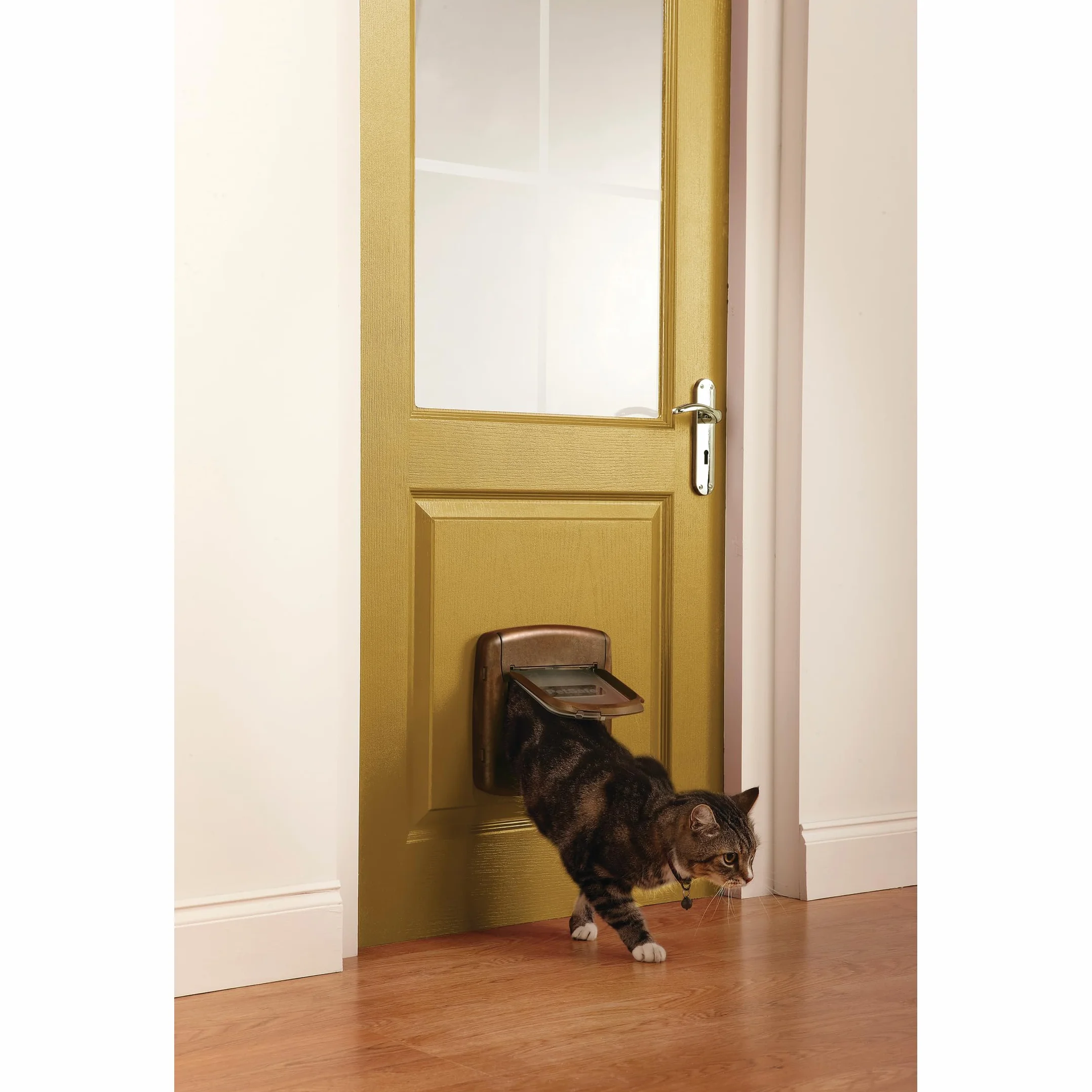 PetSafe Staywell Deluxe - Puerta para Gatos, Gatera con Sistema de Bloqueo de 4 Posiciones - Collar con Llave Magnética - Fácil de Instalar - Acabado en Madera