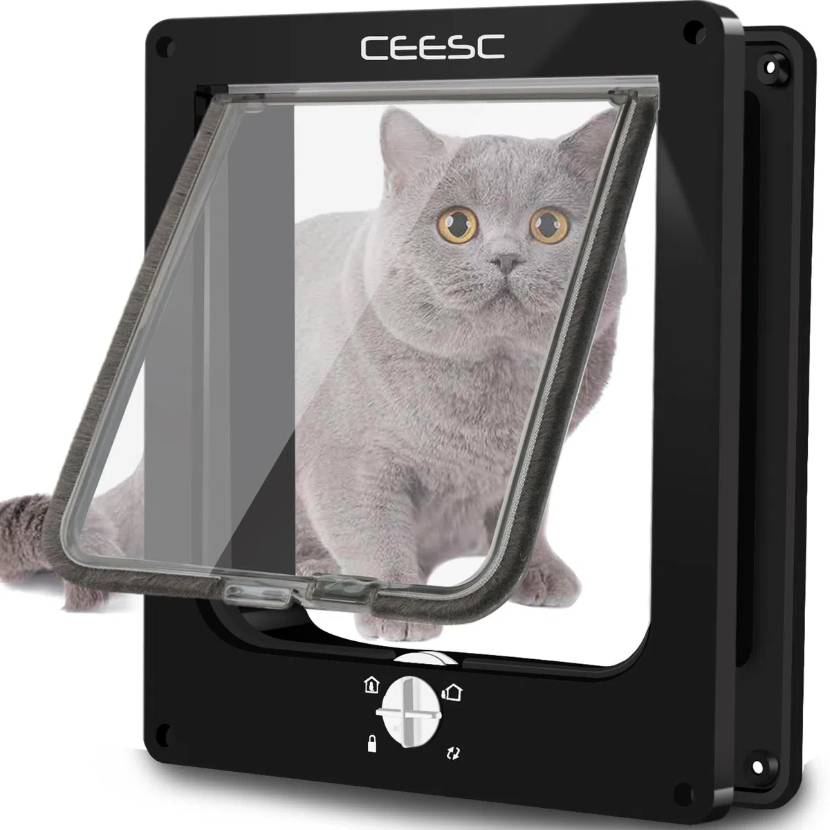 CEESC Aleta Grande para Gatos (tamaño Exterior 29,5 x 24,5 cm), Puerta giratoria para Mascotas con Bloqueo de 4 vías para Gatos y Perritos con Circunferencia <63 cm, versión Mejorada