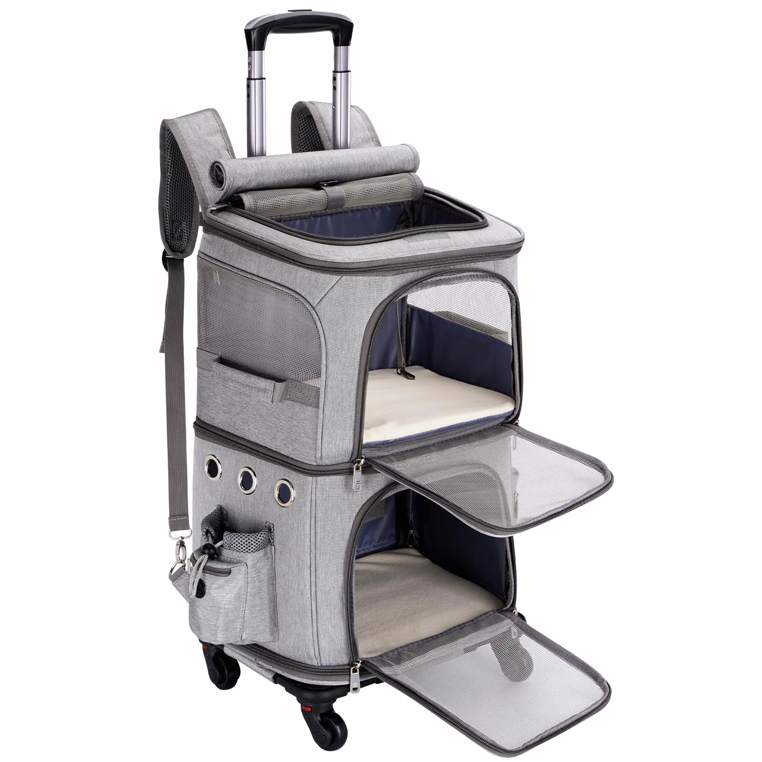 Mochila para 2 Gatos Transportín para 2 Perros Pequeños con Trolley Desmontable y Ruedas, Diseño 2 en 1 de Doble Capa, hasta 12 kg de Capacidad, Gris, XL