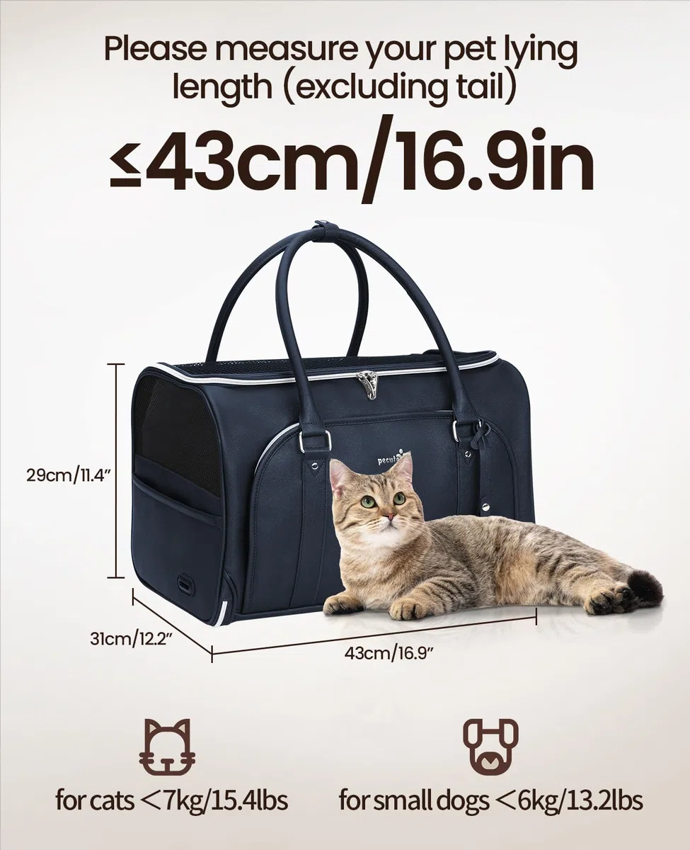 Pecute Transportin Gato de Moda, imitación de Cuero Artificial de Tela transportin Perro, Cremallera de Bloqueo, para Viajar, Utilizar el Transporte público o acudir a Citas médicas, Azul Marino