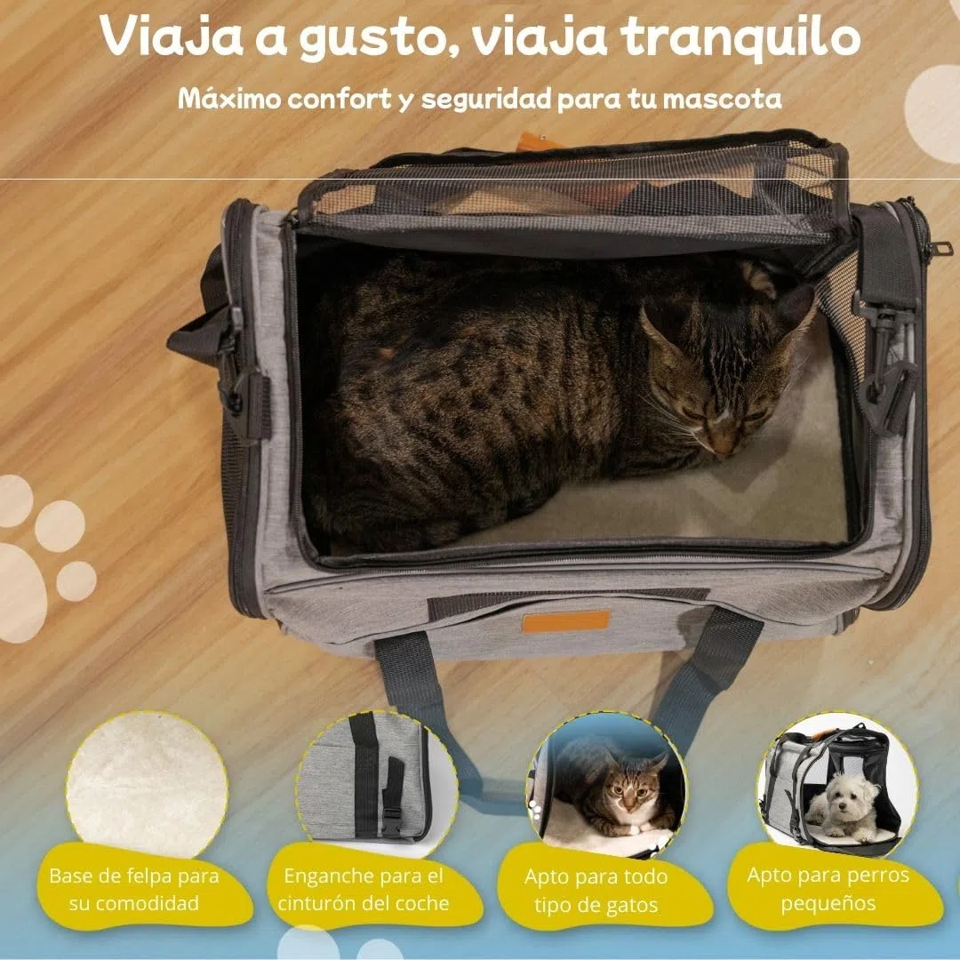 Transportin Gato y Perro - Transportin Perro pequeño y Gato Que Incluye Bebedero Plegable, Manta, Correa para el Hombro y Base Acolchada - Plegable y homologado para el avión.
