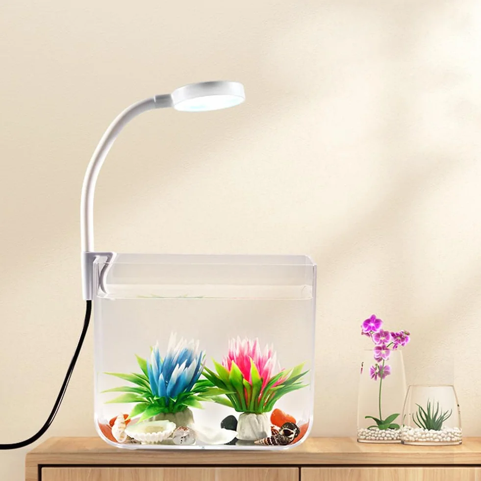 Mini Acuario, Tanque de Plantación de Acuario, Klein Aquarien, Mini Terrario con Luz de Clip Pequeña de 3 W, Kit de Pecera para Peces Dorados de Camarones Betta