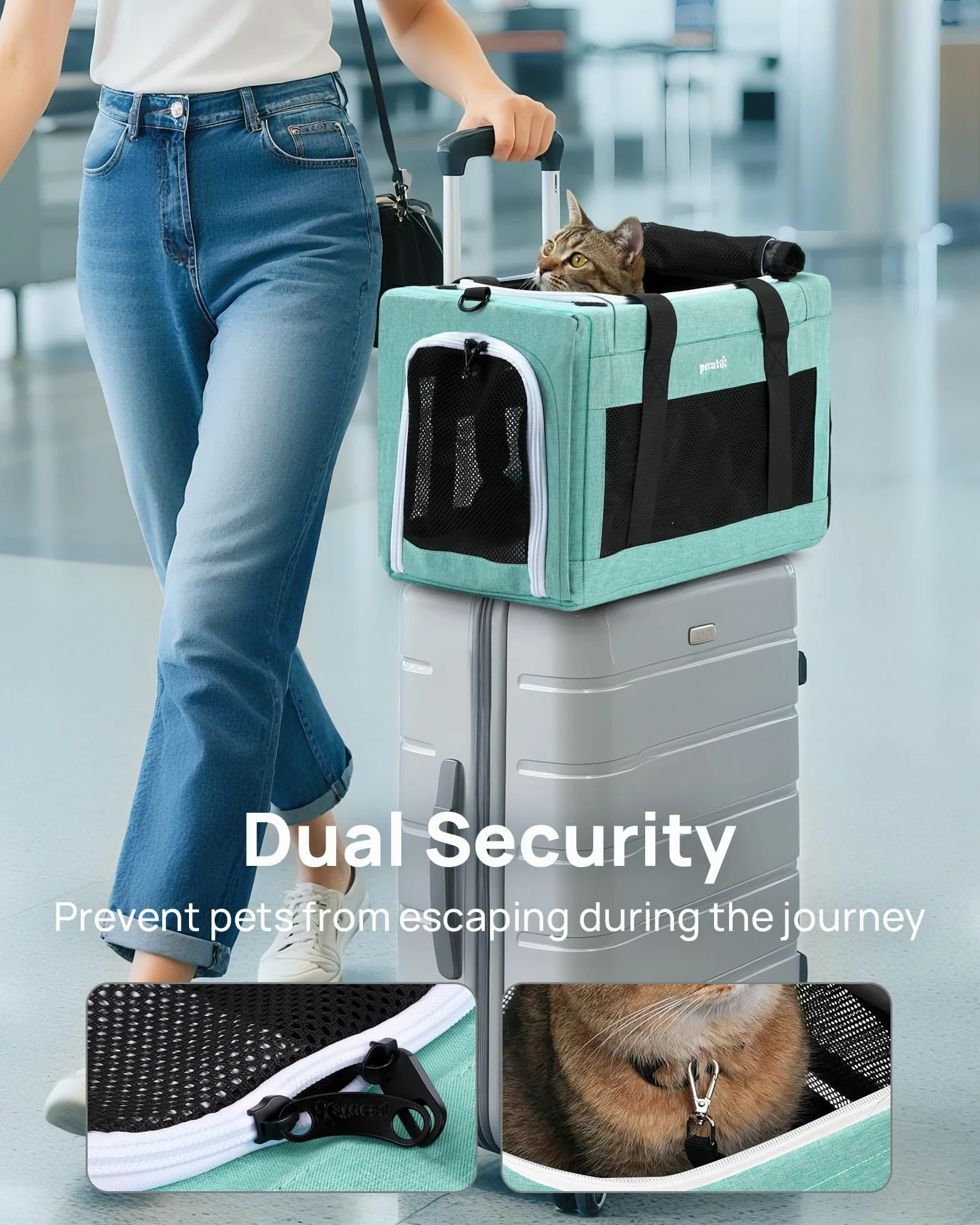 Pecute Transportin Gato Aviones permitidos, Estructura de Alambre de Acero Engrosado de 5 mm, Transportin Perro Pequeño con Parasol, Adecuada para Gatos y Cachorros de hasta 5 kg/11 Libras,Azul Lago
