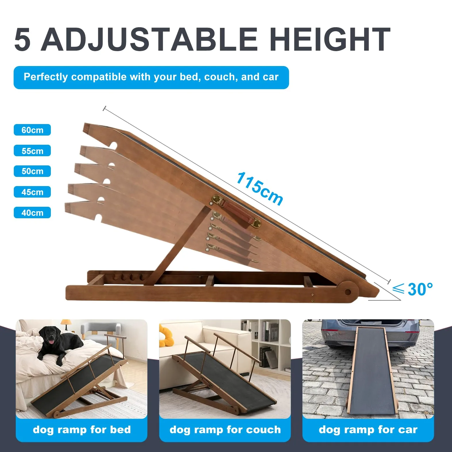 Rampa para perros para cama y sofá, rampa ajustable en 5 escalones para perros pequeños y grandes (marrón, 115)