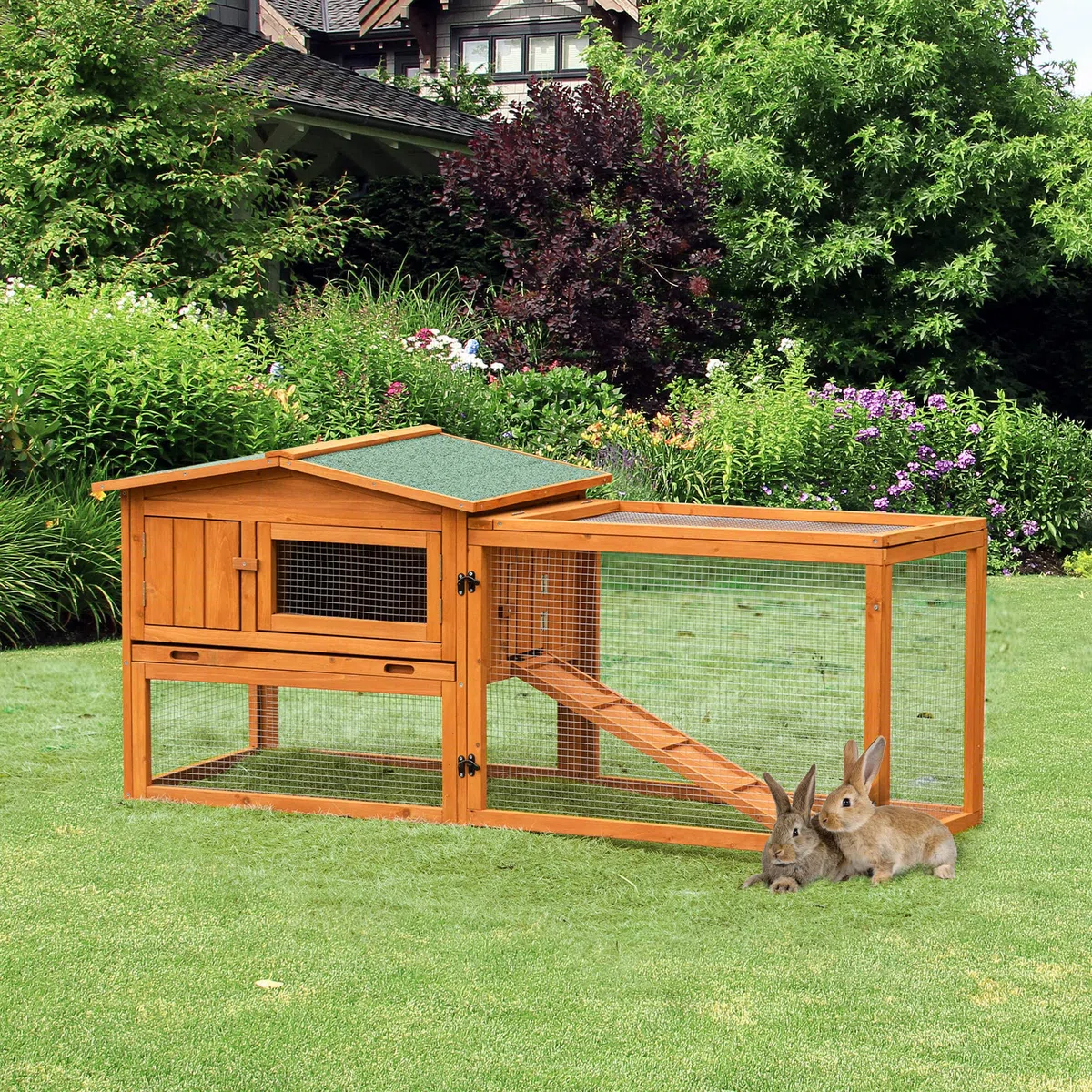 PawHut Conejera de Madera Exterior Jaula para Conejos de 2 Niveles 156x58x68 cm con Techo Asfáltico 2 Corrales de Metal Bandeja Extraíble 2 Puertas Ventana y Rampa Natural