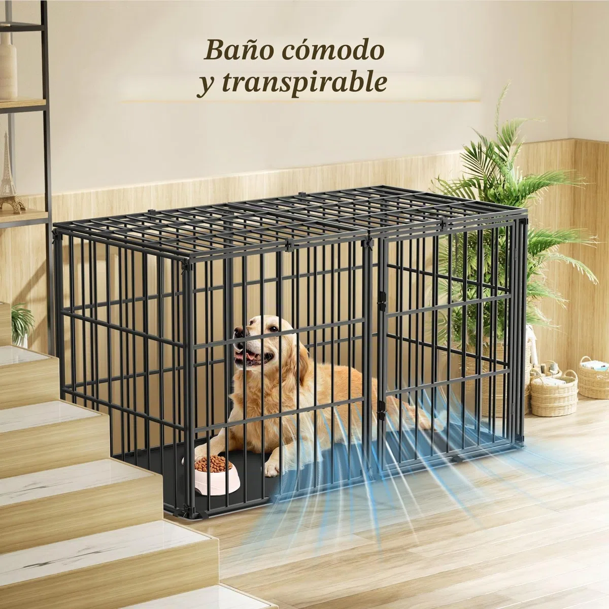 Pawaboo - Jaula para Perro, con Alfombra Impermeable, Parque de Metal Grueso, antimordeduras, con Tapa Segura, Interior, Exterior, 143,5 x 70 x 80 cm, Color Negro