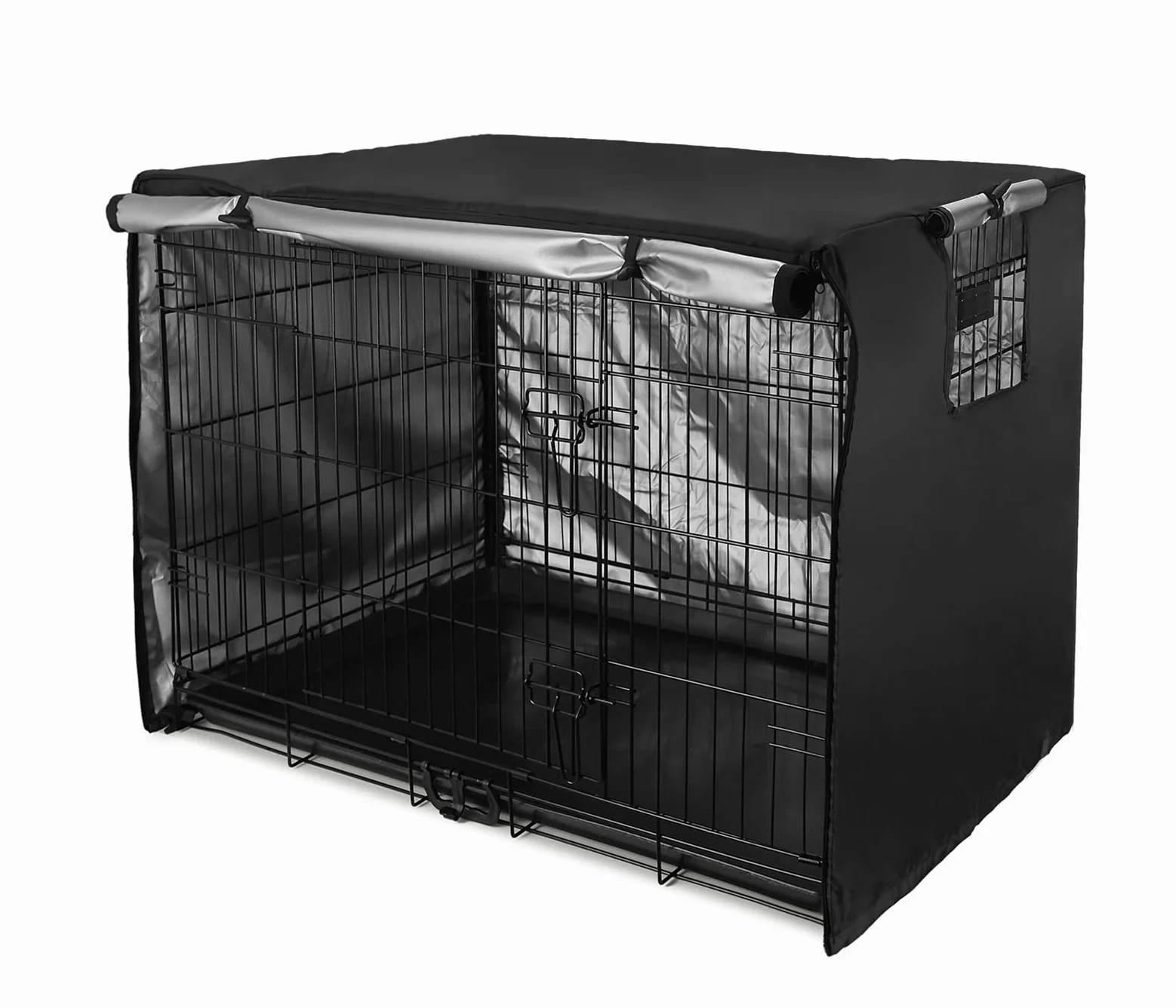 Cubierta de Jaula Perro Impermeable Doble Puerta para Perros Prueba de Vientos Durable 420D de poliéster Jaula protección Interior al Aire Libre Cubierta Negro 48 Pulgadas