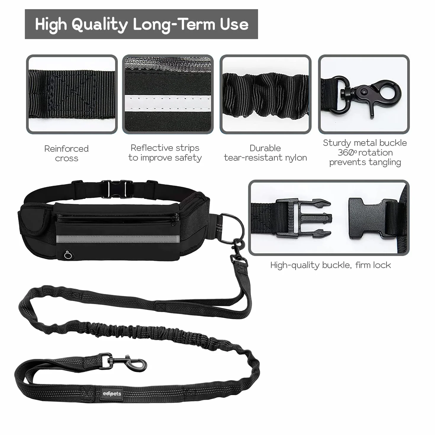 Edipets, Correa Perro Cintura, para Correr, Extensible, Manos Libres, Running, Antitirones, Elástica, Reflectante, 160-220 cm, Paseo, para teléfono móvil (Negro)