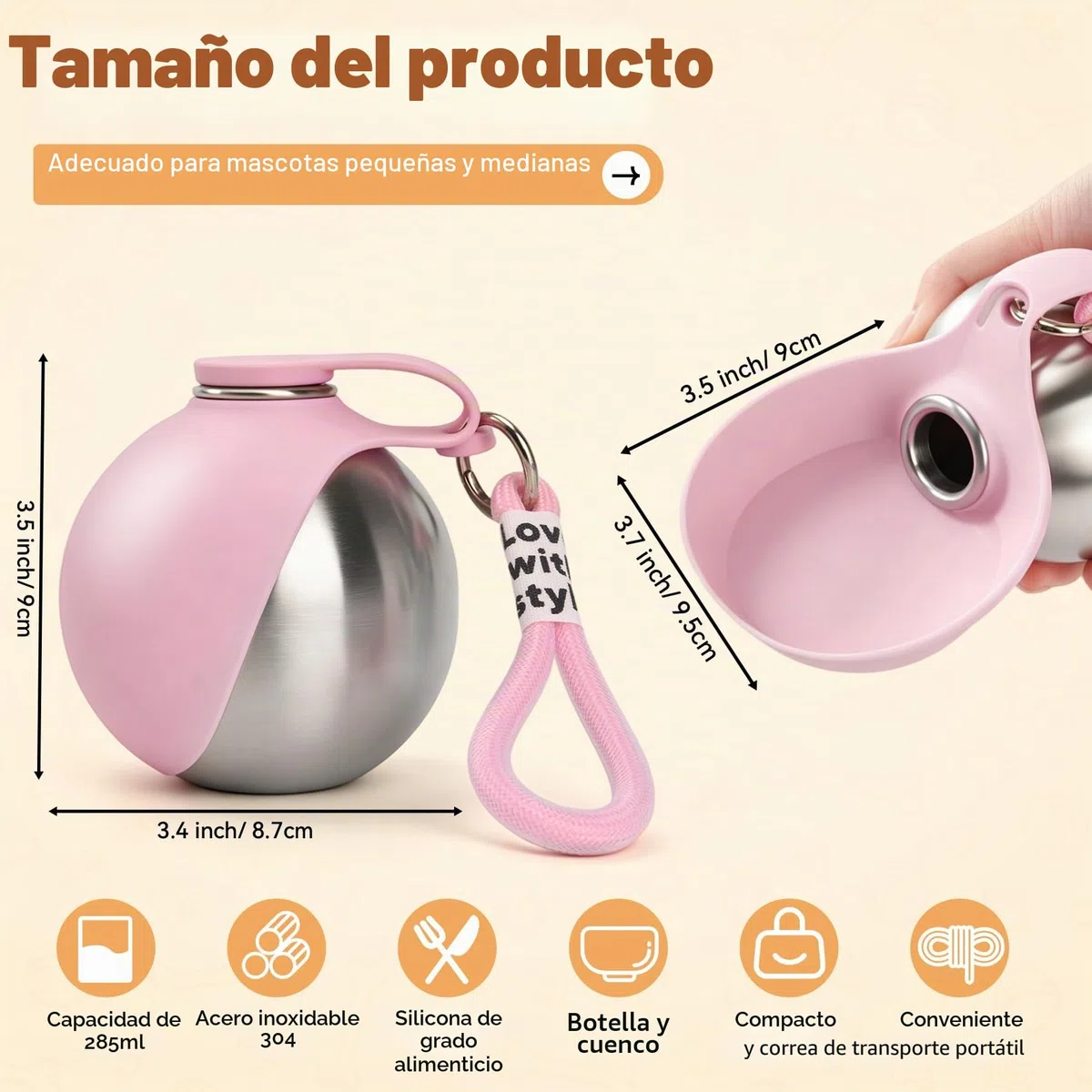 Bebedero Portátil para Perros, 285ml Botella de Agua para Perros de Acero Inoxidable, Botella Antifugas con Cuenco Plegable de Silicona, Botella de Agua Portátil para Pasear, Viajar y Acampar