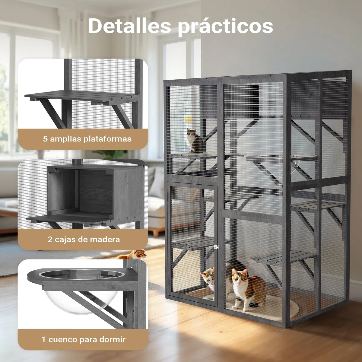 Wiltec Recinto de Exterior para Gatos 116 x 82 x 175,7 cm en Madera de Abeto, Malla de Acero galvanizado, Techo de PVC. Puerta Amplia, 5 Niveles para más Actividad Felina