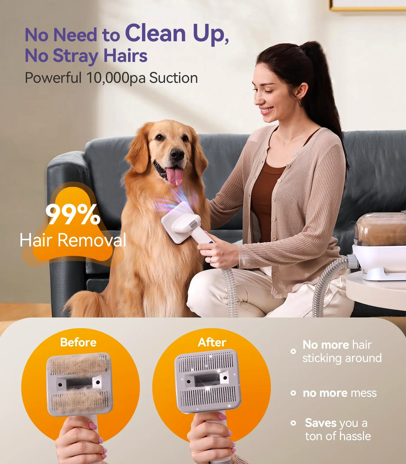 Oneisall Aspirador de pelos animal doméstico con cepillo, Súper poder de succión 12000pa, Aspiradora para perros con botón, 4 cepillos, 1.5L