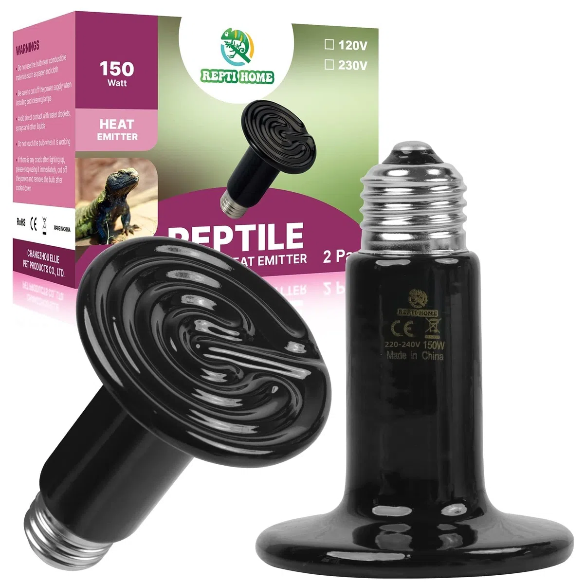 Emisor de Calor Cerámico 150W (2 Pack), Bombillas de Calor para Reptiles, Calentador Cerámico para Tortugas, Gallinas, Perros