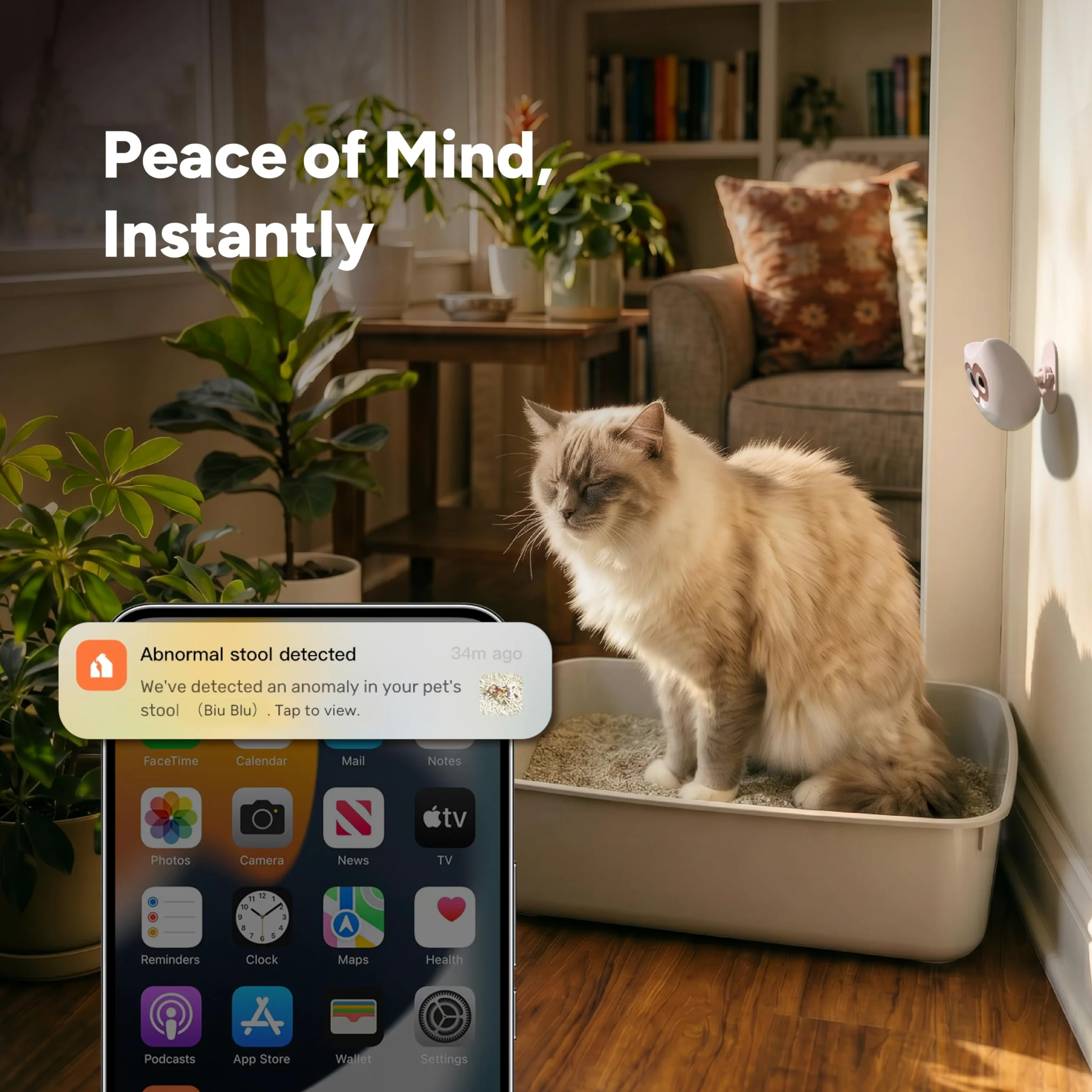Cámara para gatos con IA - Monitoreo de caja de arena, cámara para mascotas con aplicación de teléfono para interiores, seguimiento de la salud de varios gatos, alertas tempranas de infección