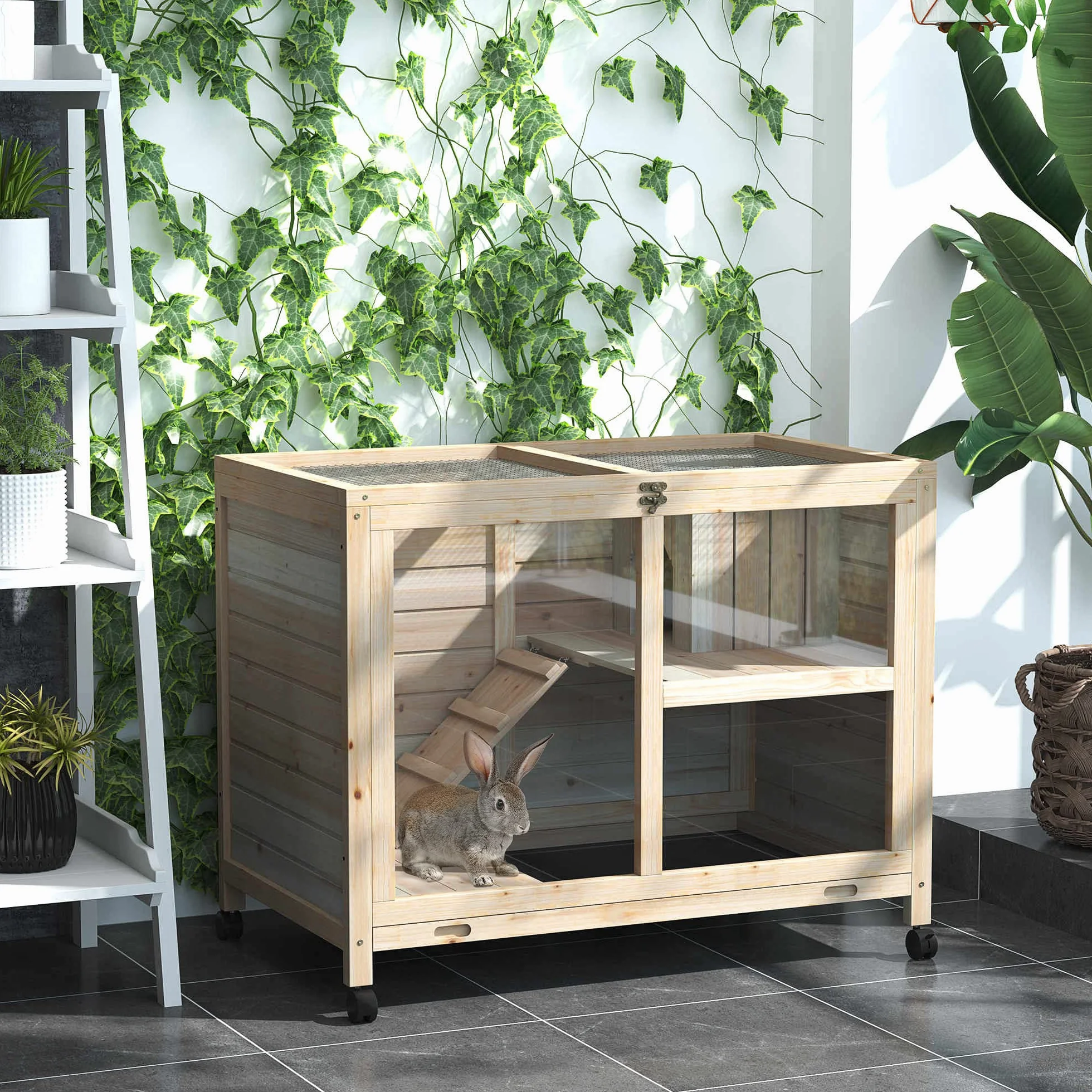 PawHut Conejera de Madera con Ruedas 91,5x53,3x73 cm Jaula para Conejos de 2 Niveles con Techo Abatible Bandeja Extraíble y Rampa Natural