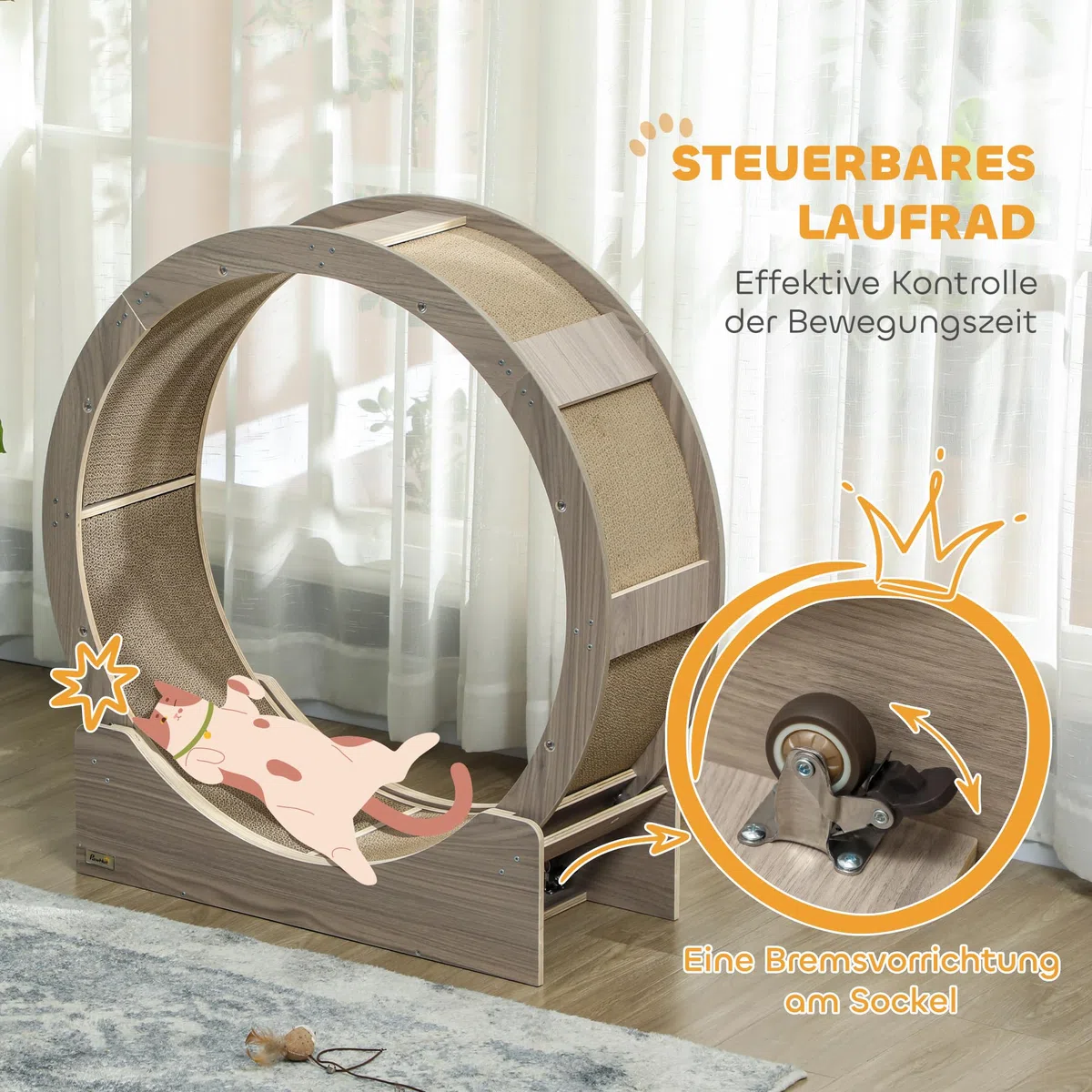 PawHut Rueda para gatos de 91 cm de diámetro, rueda de gato con freno, tabla de rascar, cinta de correr para pérdida de peso y salud, nogal