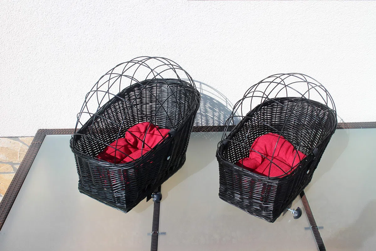 Cesta de bicicleta para perros para portaequipajes de mimbre con rejilla metálica y cojín, color negro, XL o XXL, cesta portaequipajes de mimbre, cesta para