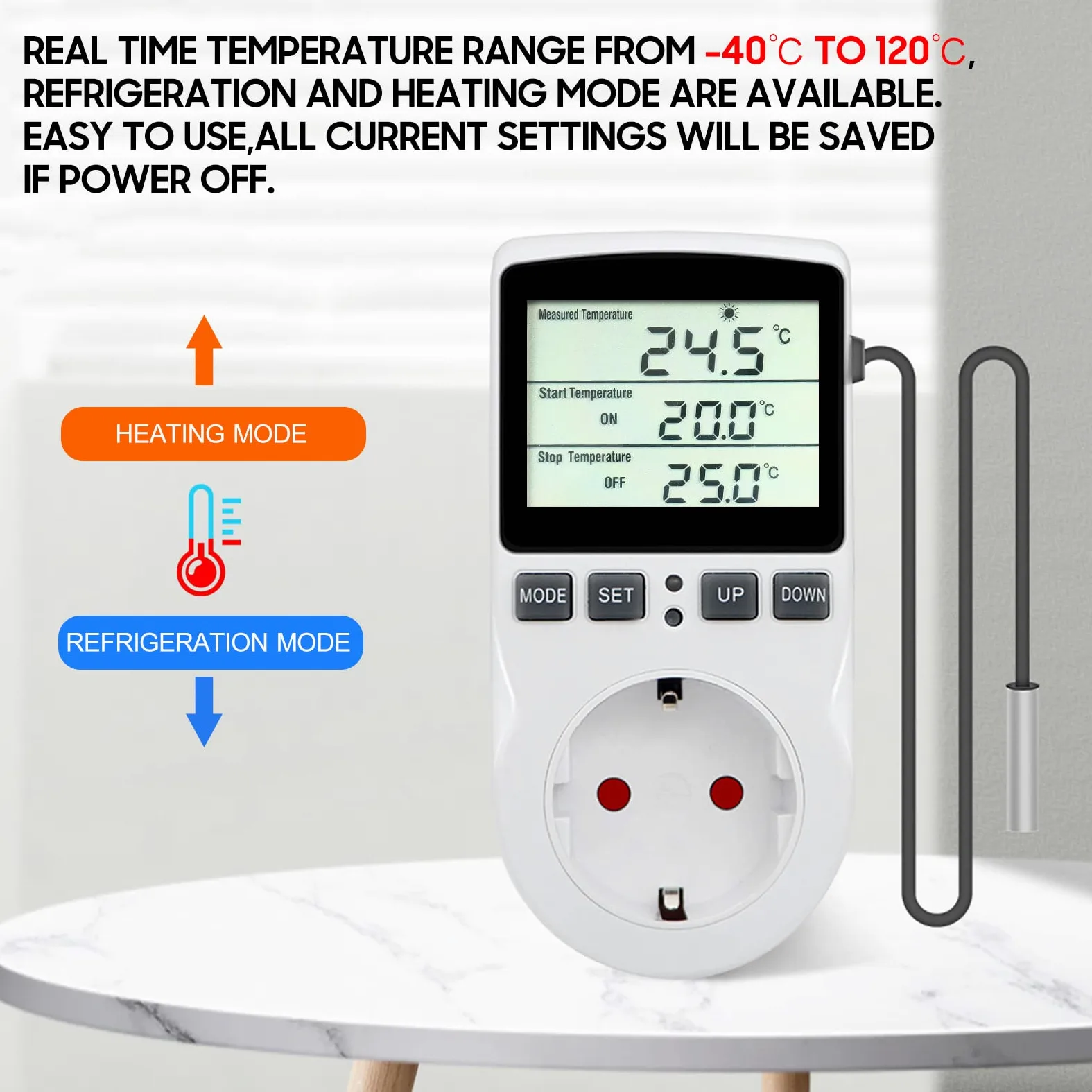 Termostato Digital, Weytoll Termostato LCD Enchufe de Salida Control de Enfriamiento de Calefacción para Terrario Acuario Reptiles Toma de Salida con Control de Temperatura con Temporizador y Sonda