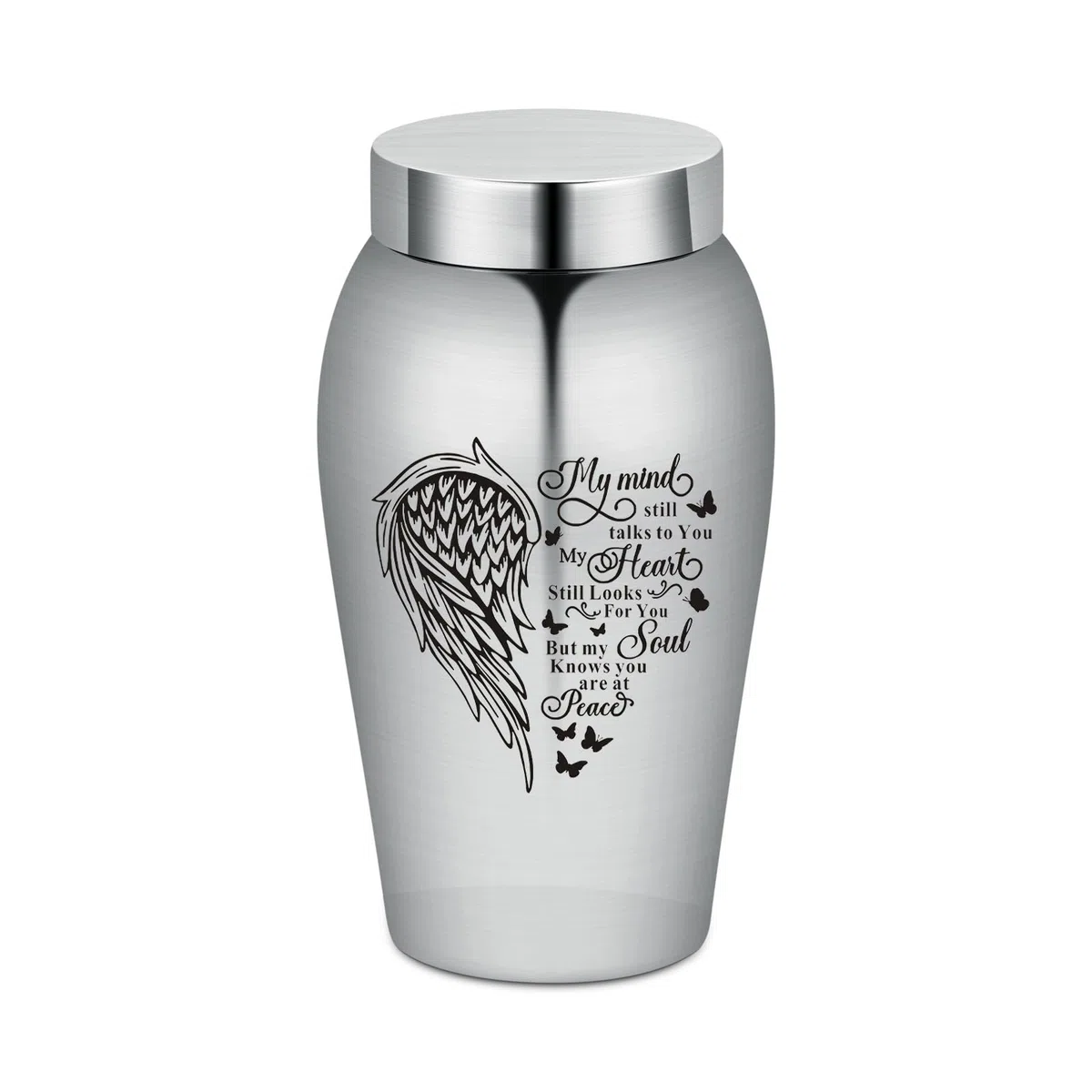 Urna de acero inoxidable con forma de corazón de ala pulida para cenizas de cremación (corazón de ala)