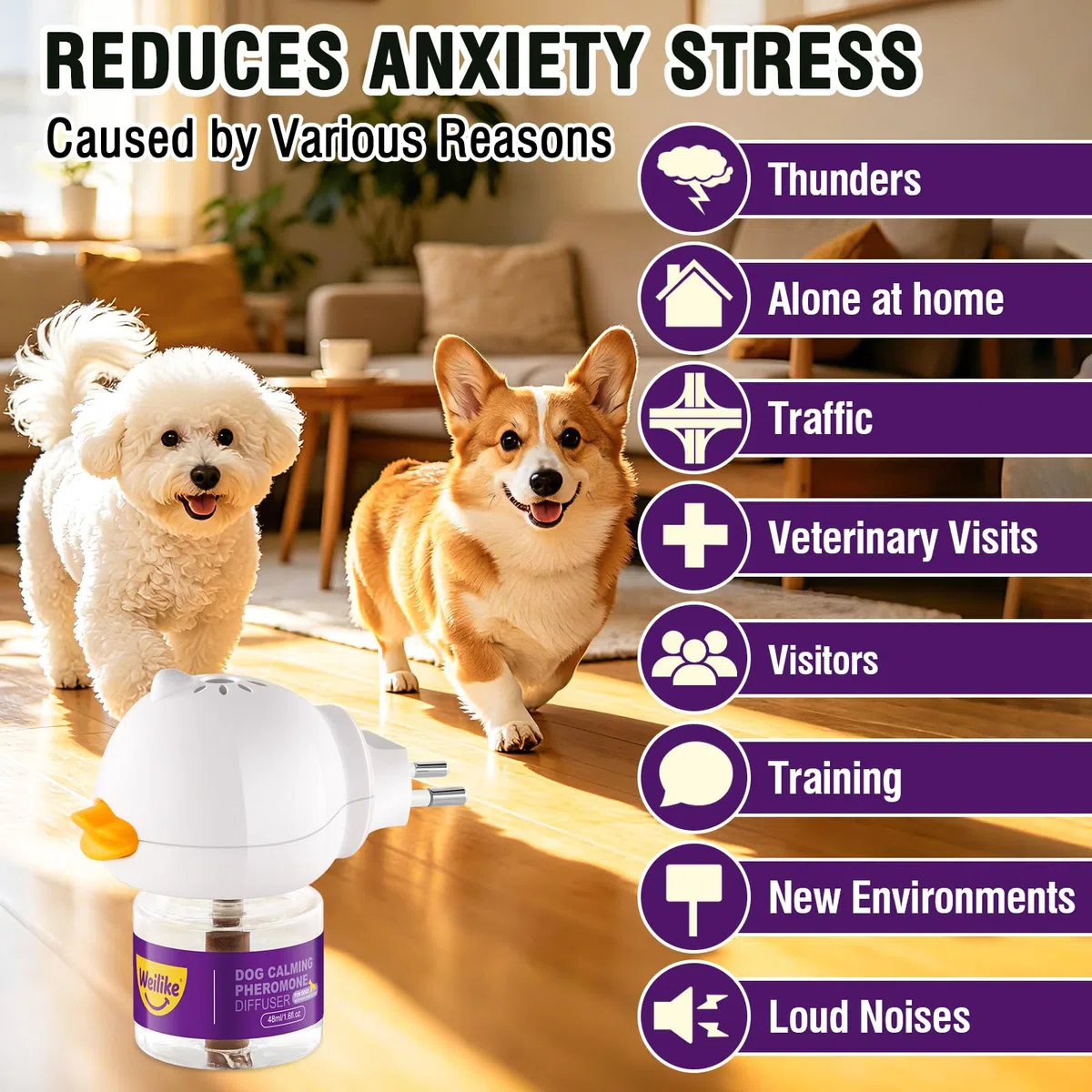 Difusor de Feromonas Relajantes para Perros - Alivio Natural de la Ansiedad y Reducción del Estrés - Favorece la Relajación con Fórmula Segura y Eficaz - Incluye 2 Recambios