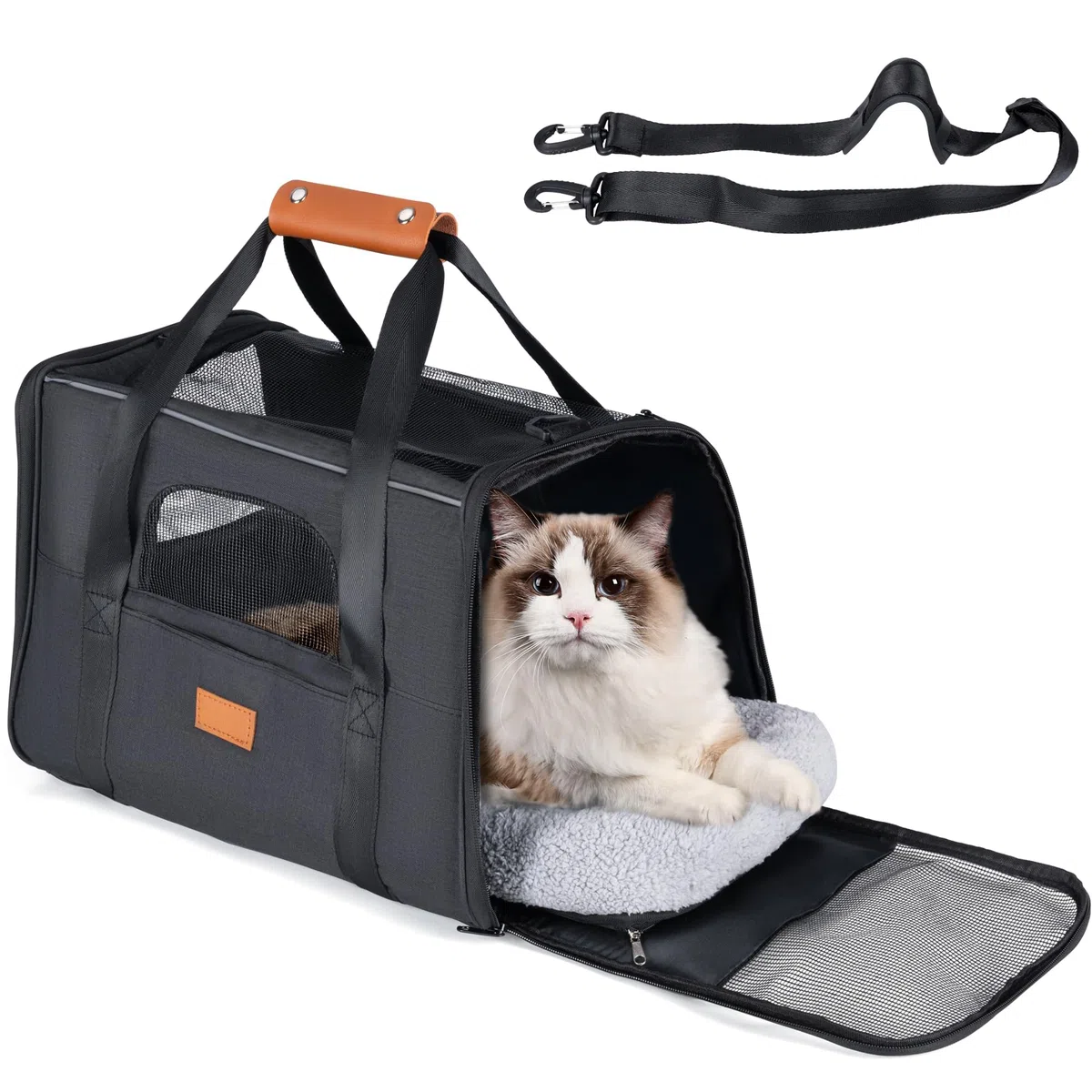 Transportin Perros y Gatos. Bolsa de Transporte Viaje Transpirable Mascotas. Bolso con colchón. Tres Puertas. Medidas 12x44x24cm. Aprobado por Las aerolíneas. Paseos, avión, Coche, Tren, Ciudad.