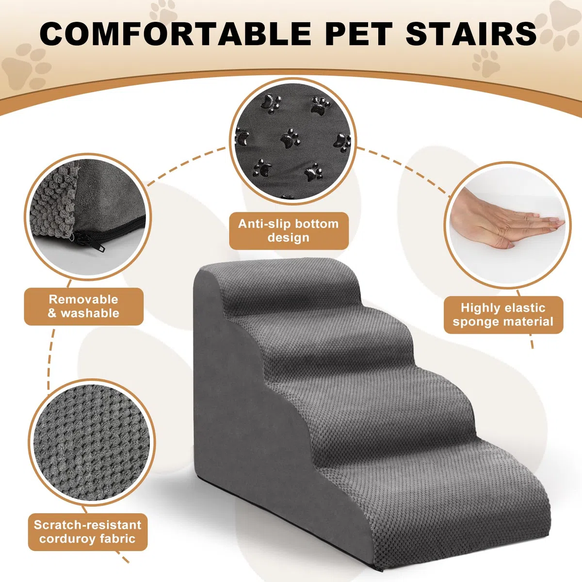 Escalera para Perros, Escaleras para Mascotas de Espuma de 4 peldaños para Cama/sofá, Rampa para Perros Pequeños y Gatos con Funda Lavable y Fondo Antideslizante, Enviar Rodillo de Pelusa