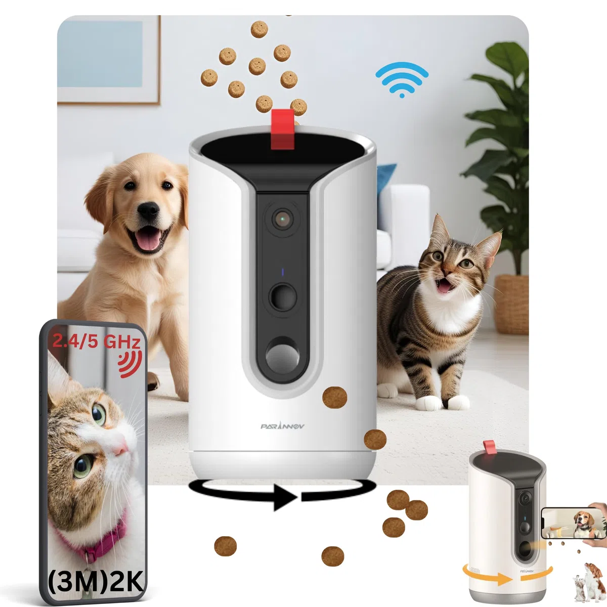 3M Camara Vigilancia Mascotas [sin SUSCRIPCIÓN] Vista Remota 360°, Dispensador de Croquetas y Golosinas vía App, WiFi, Nocturna, Camara vigilancia Perros, Camara Gatos, Detección de Ladrido