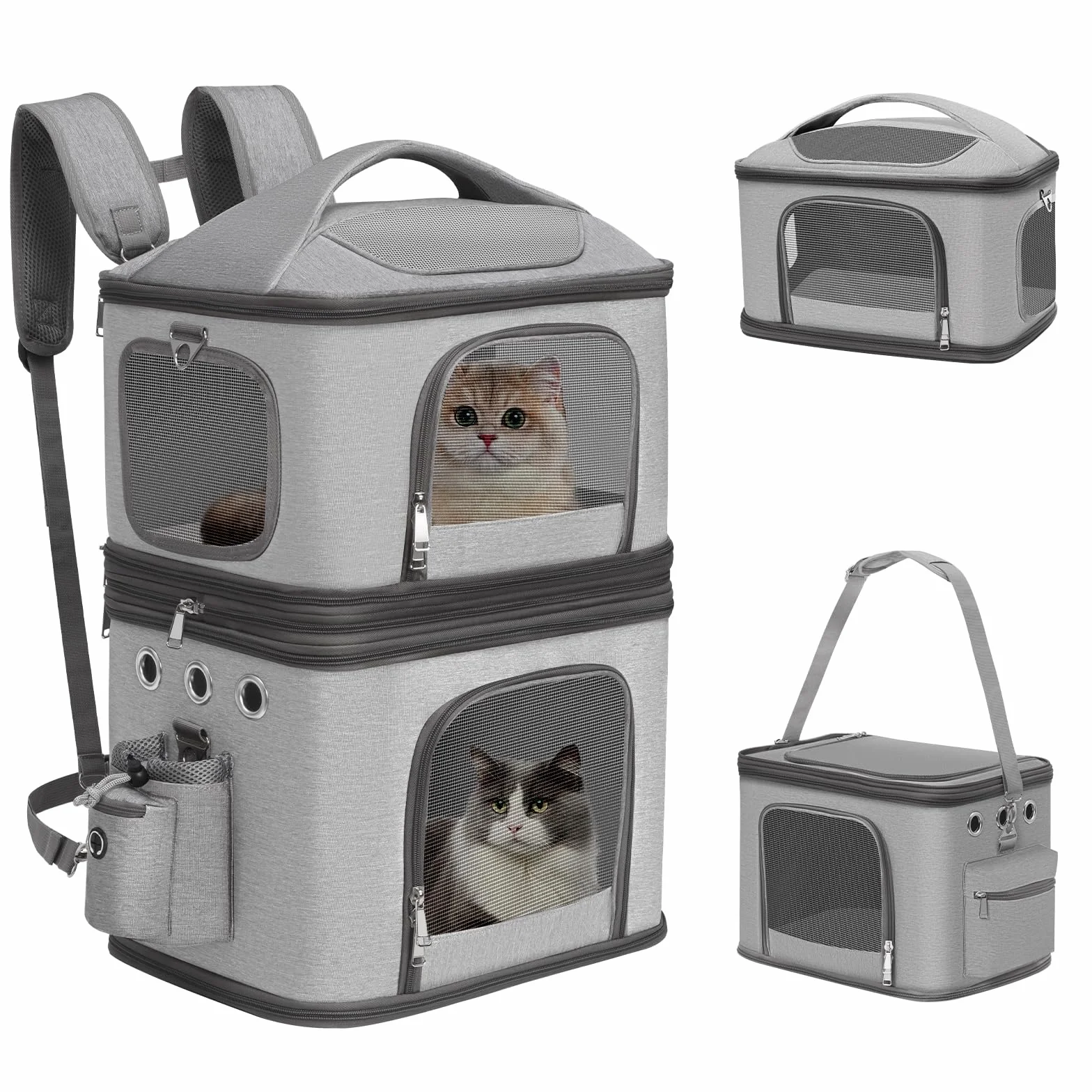 Mochila Desmontable para 2 Gatos, Plegable Transportin Doble para 2 Gatos de hasta 12 kg, Gris