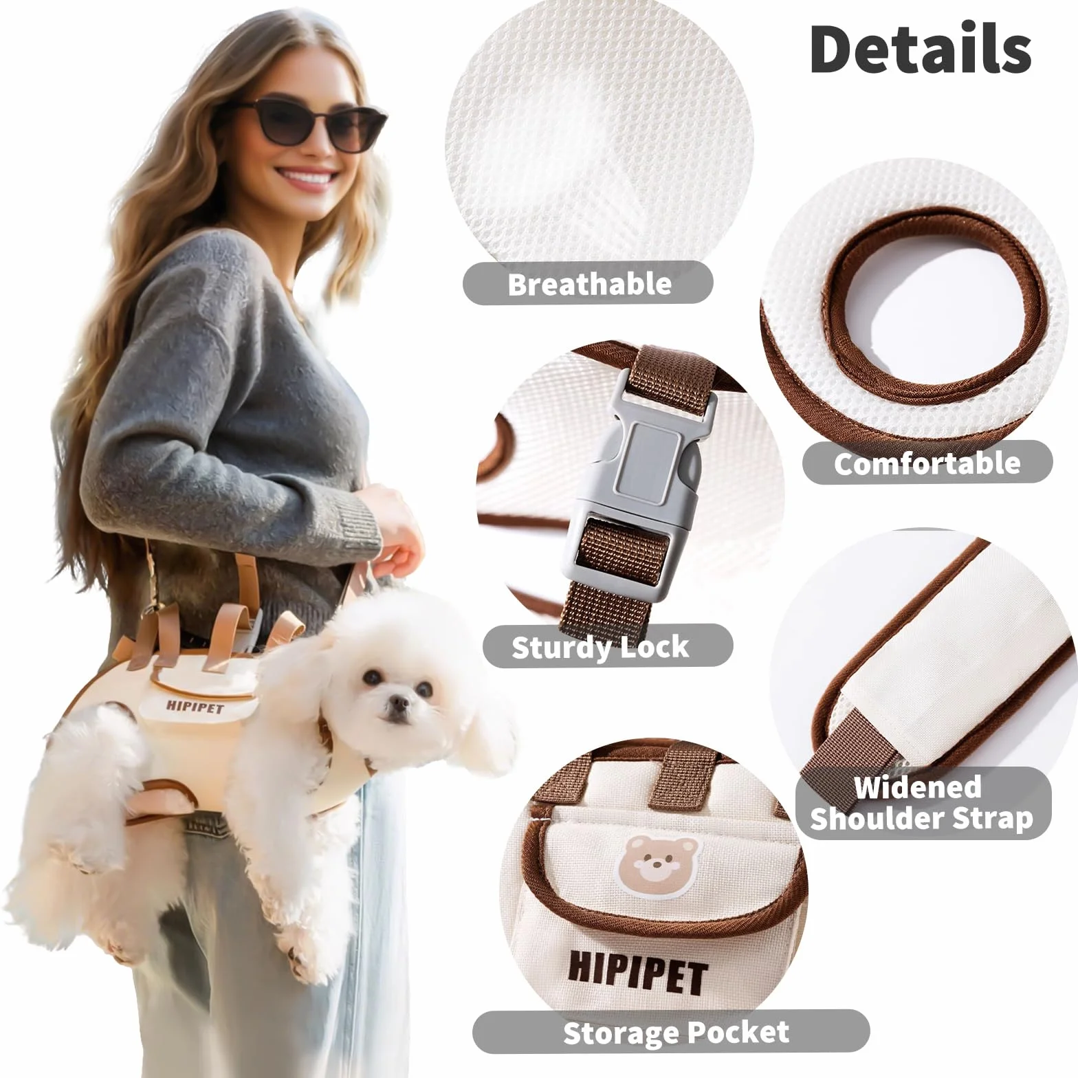 PETCUTE Bolso de Hombro para Mascotas,Arnés de Elevación para Perro con Bandolera,Bolsillo,Transpirable,Ajustable,Bolso Bandolera para Perros,Cachorros,Gatitos,Arnes de Transporte para Perros